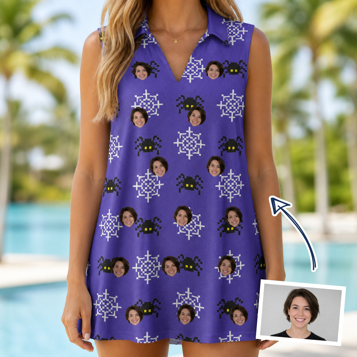 Woman wearing Women's Leggy Lurkers Custom Face V-Neck Dress — custom faces printed all-over
