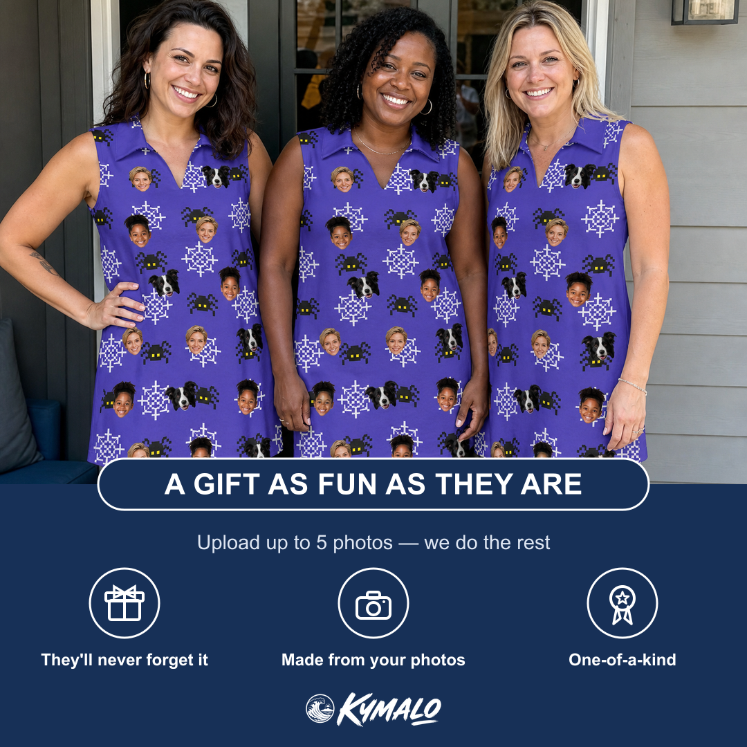 Friends in matching Women's Leggy Lurkers Custom Face V-Neck Dress — a group gift photo