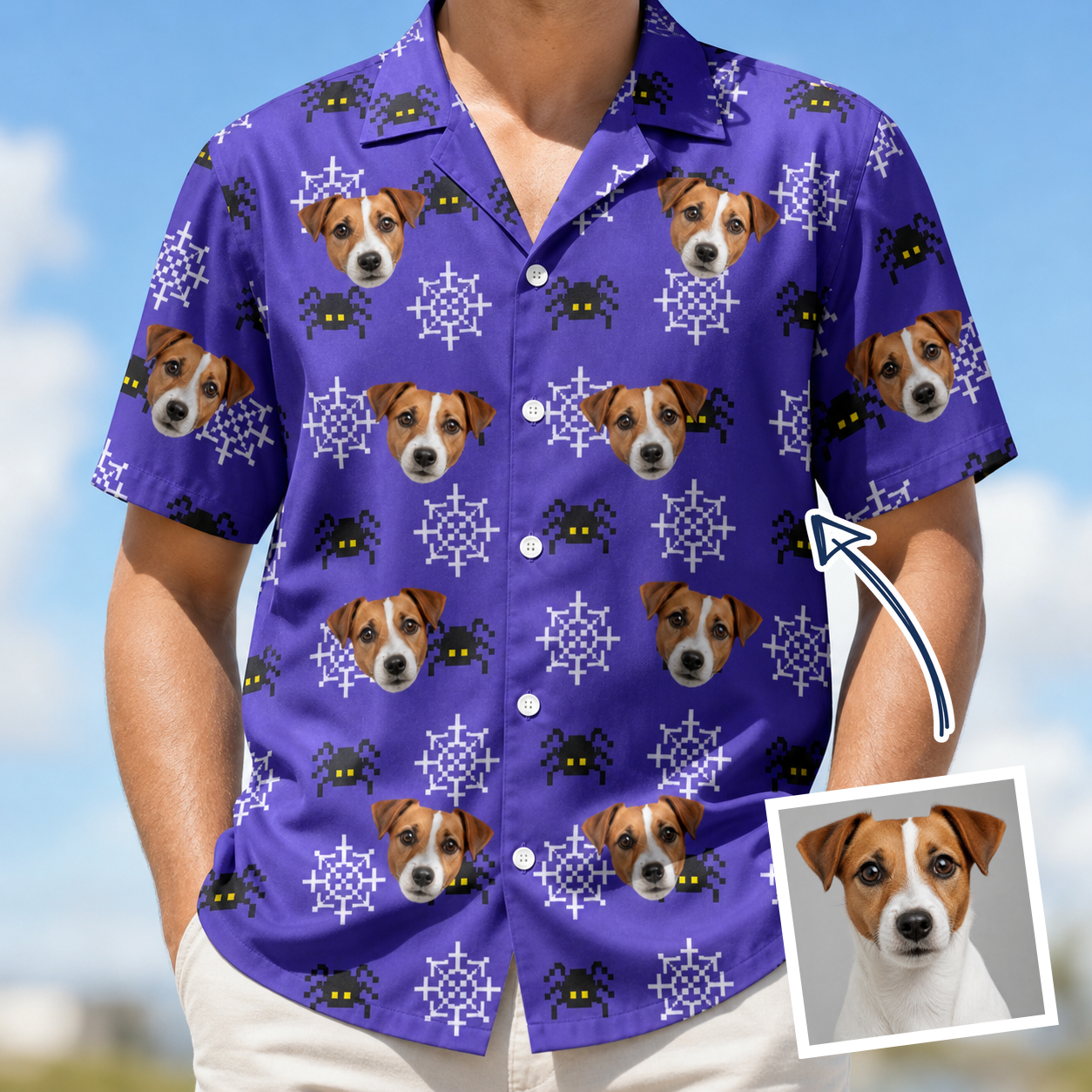 Man wearing Men's Leggy Lurkers Custom Dog Face Hawaiian Shirt — custom faces printed all-over