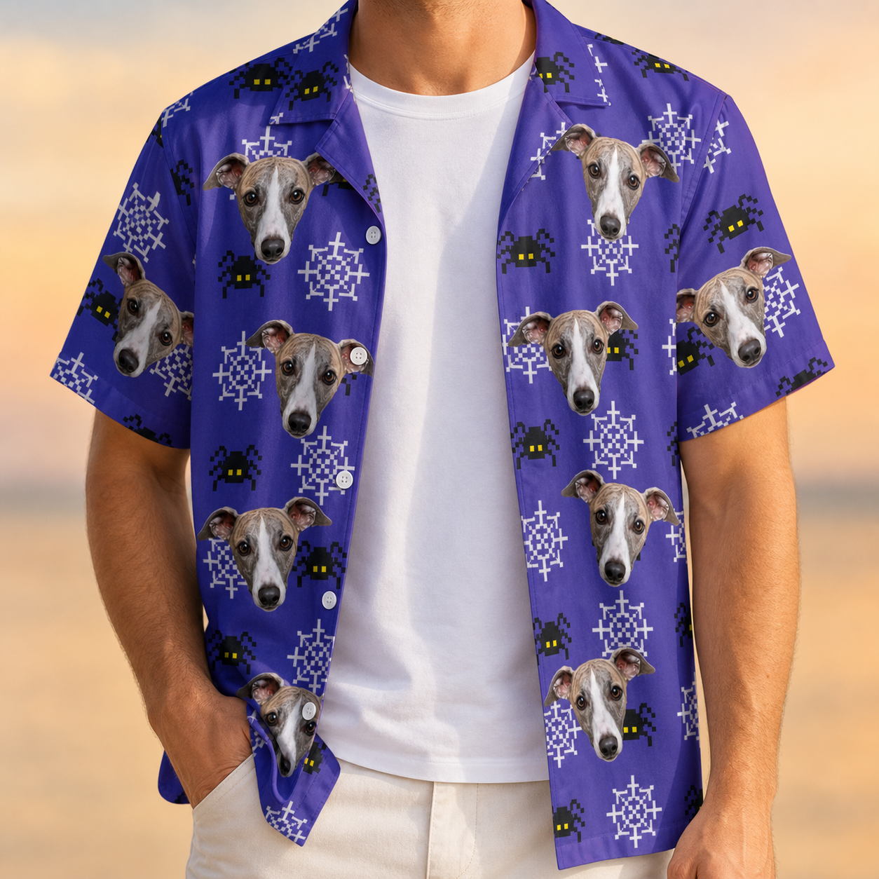 Man wearing Men's Leggy Lurkers Custom Dog Face Hawaiian Shirt open over a white tee
