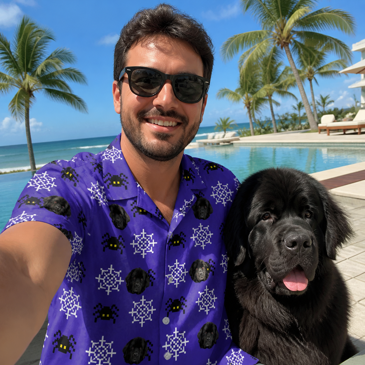 Selfie with the pet whose face is printed all over this Men's Leggy Lurkers Custom Dog Face Hawaiian Shirt