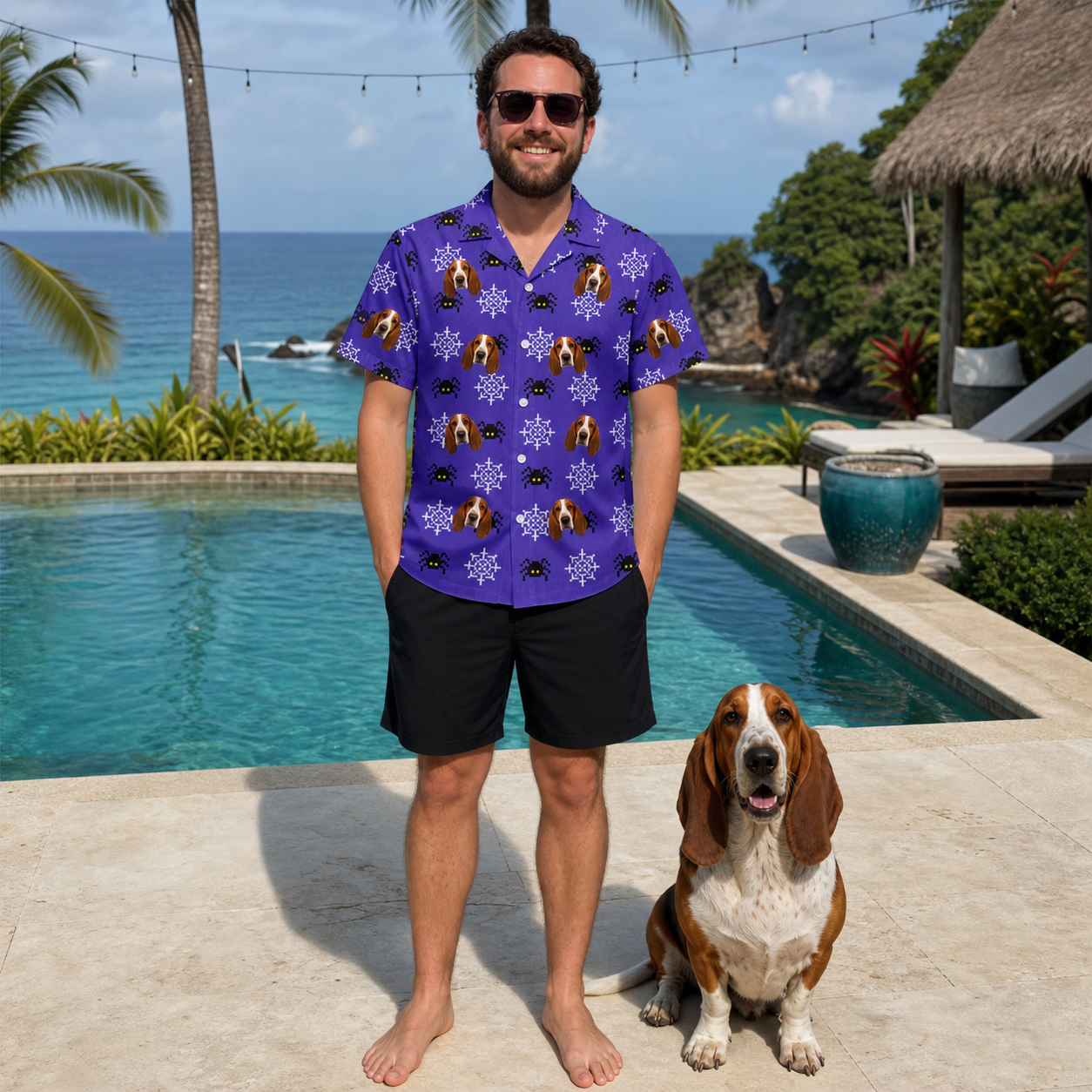 Full-length photo with the pet printed all over this Men's Leggy Lurkers Custom Dog Face Hawaiian Shirt