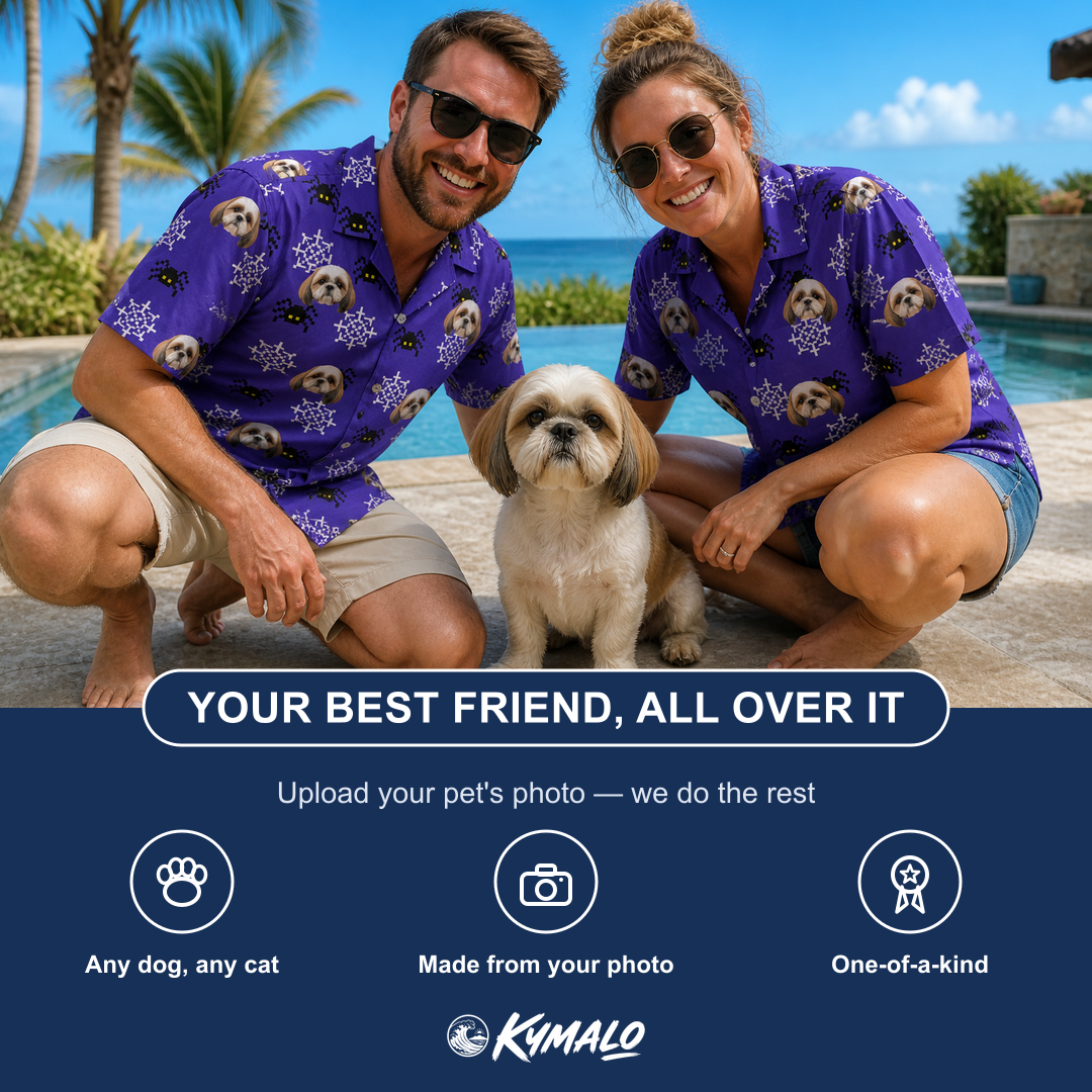 Friends in matching Men's Leggy Lurkers Custom Dog Face Hawaiian Shirt — a group gift photo