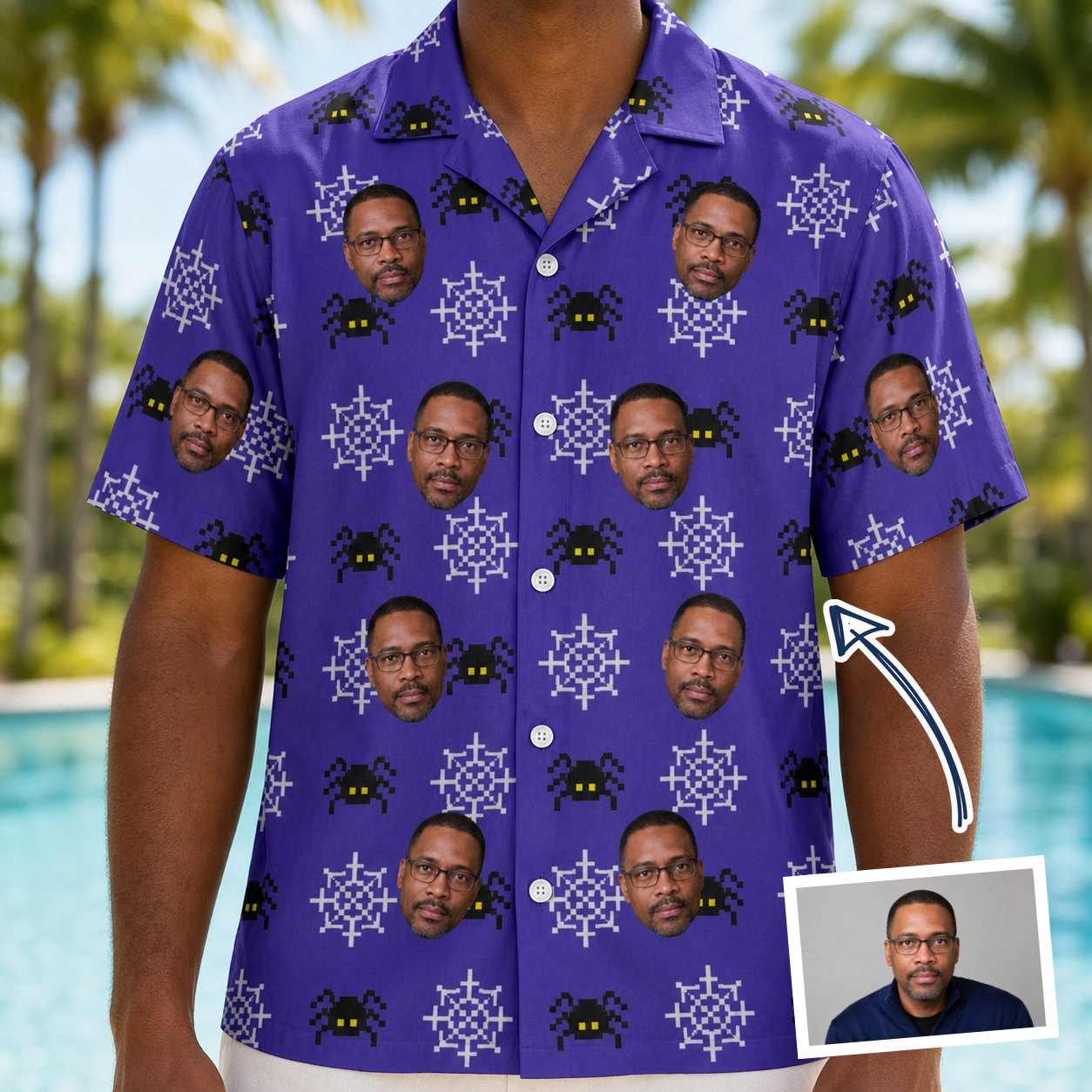 Man wearing Men's Leggy Lurkers Custom Face Hawaiian Shirt — custom faces printed all-over