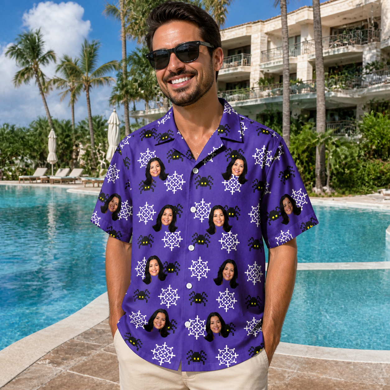 Real-life photo of someone wearing Men's Leggy Lurkers Custom Face Hawaiian Shirt — custom faces printed all-over