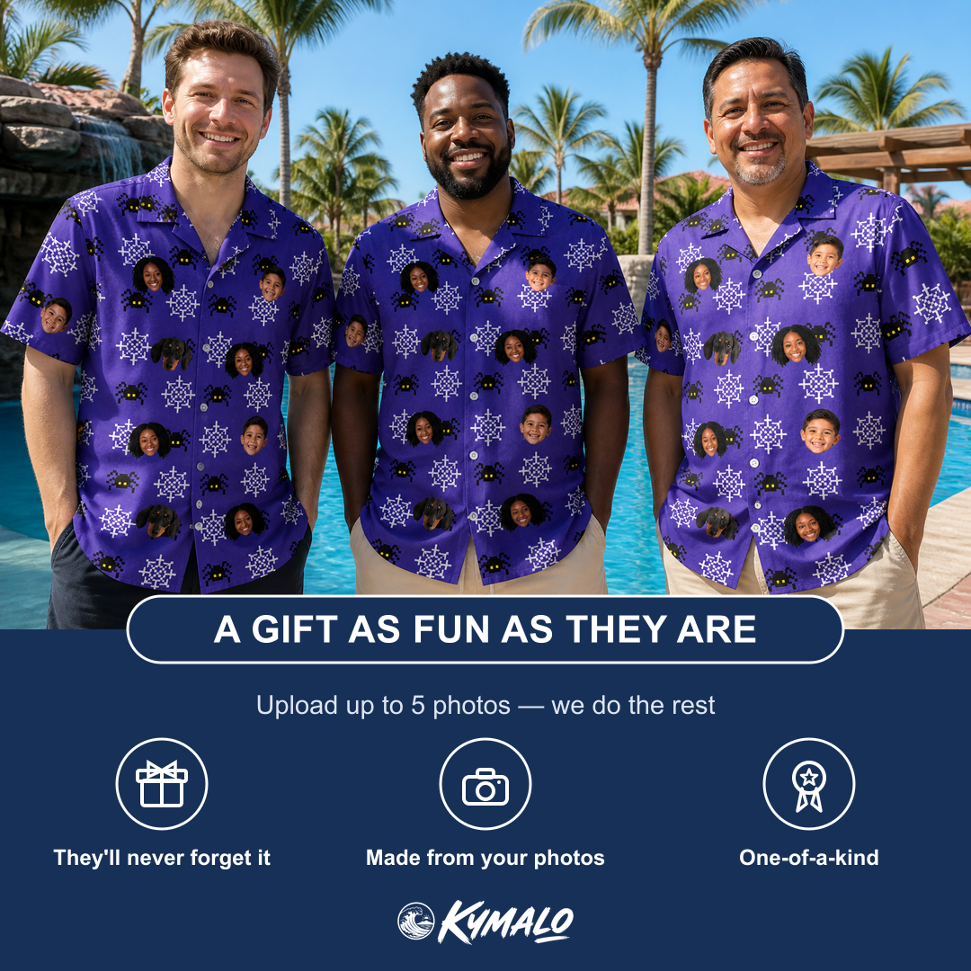 Friends in matching Men's Leggy Lurkers Custom Face Hawaiian Shirt — a group gift photo