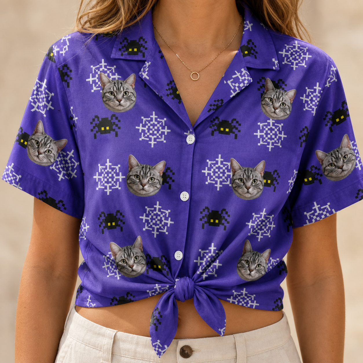 Woman wearing Women's Leggy Lurkers Custom Cat Face Hawaiian Shirt tied at the waist