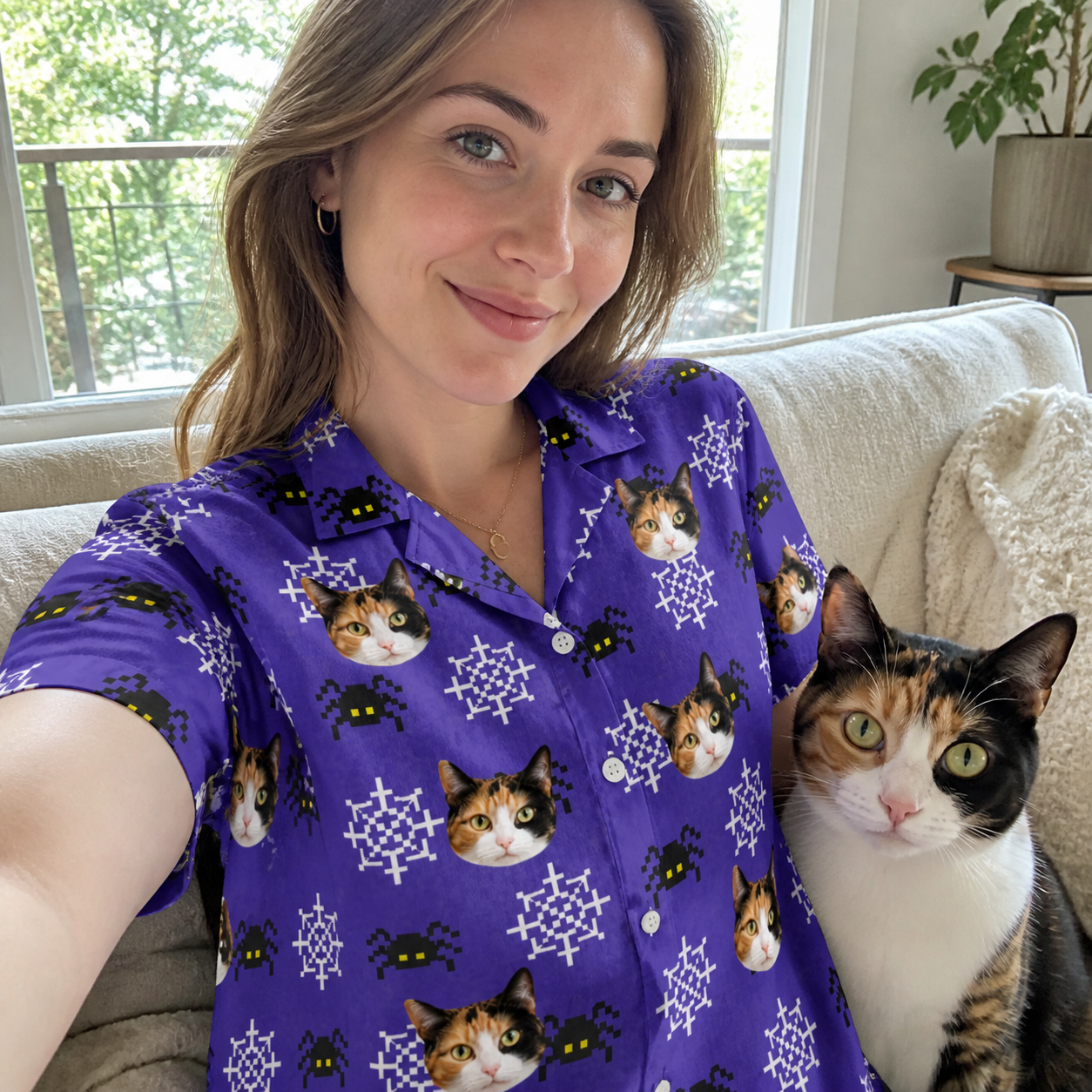 Selfie with the pet whose face is printed all over this Women's Leggy Lurkers Custom Cat Face Hawaiian Shirt