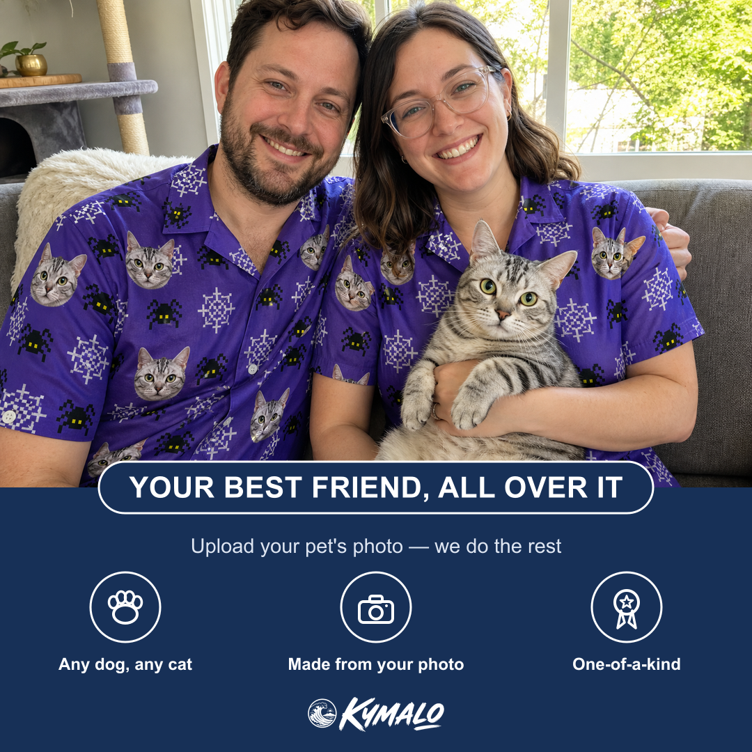 Friends in matching Women's Leggy Lurkers Custom Cat Face Hawaiian Shirt — a group gift photo