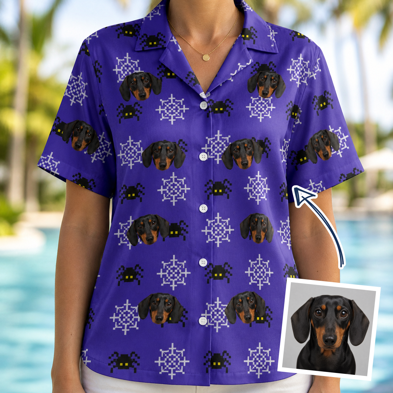 Woman wearing Women's Leggy Lurkers Custom Dog Face Hawaiian Shirt — custom faces printed all-over