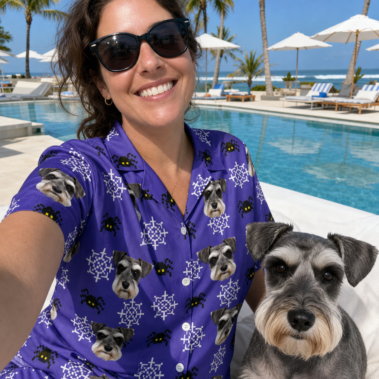 Selfie with the pet whose face is printed all over this Women's Leggy Lurkers Custom Dog Face Hawaiian Shirt