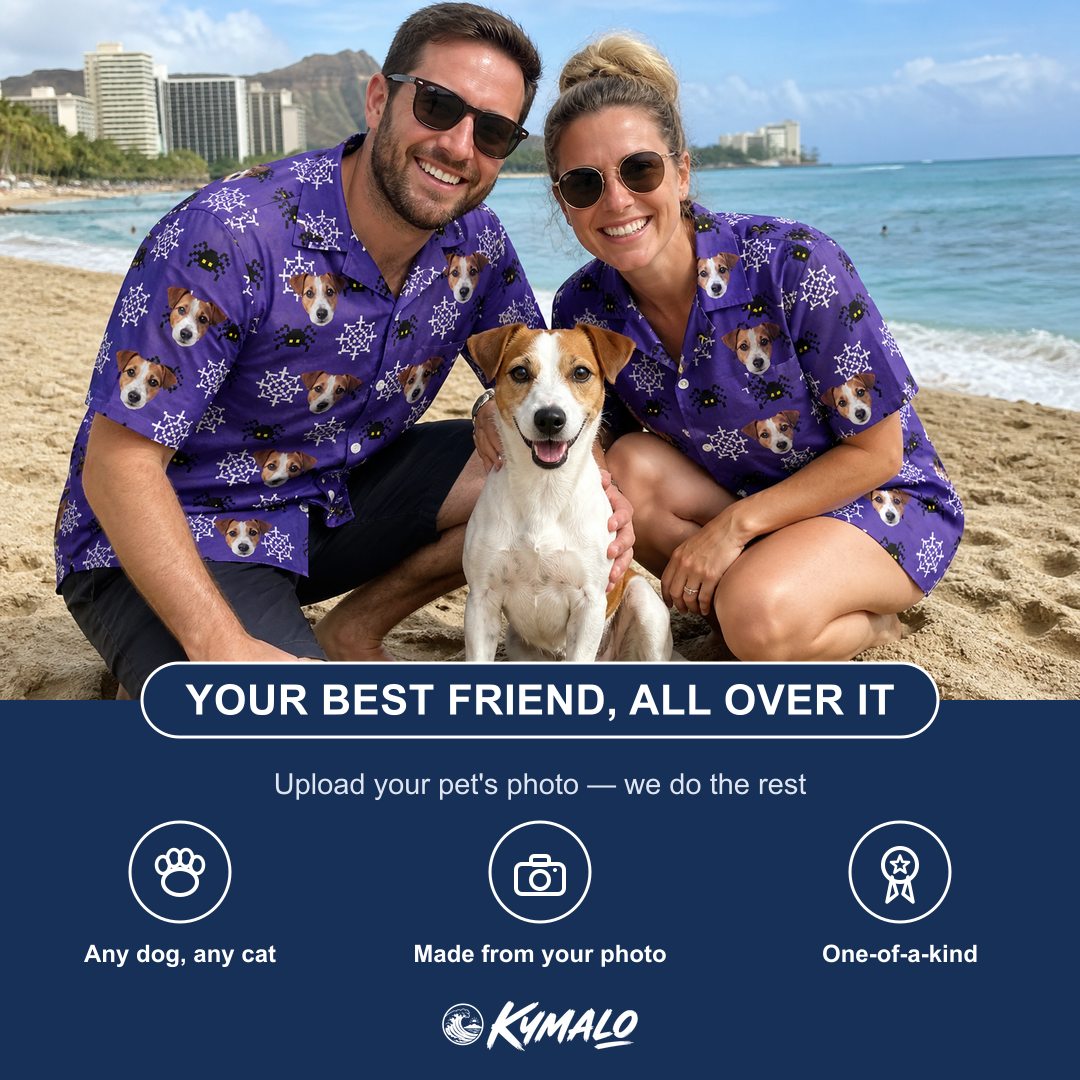 Friends in matching Women's Leggy Lurkers Custom Dog Face Hawaiian Shirt — a group gift photo