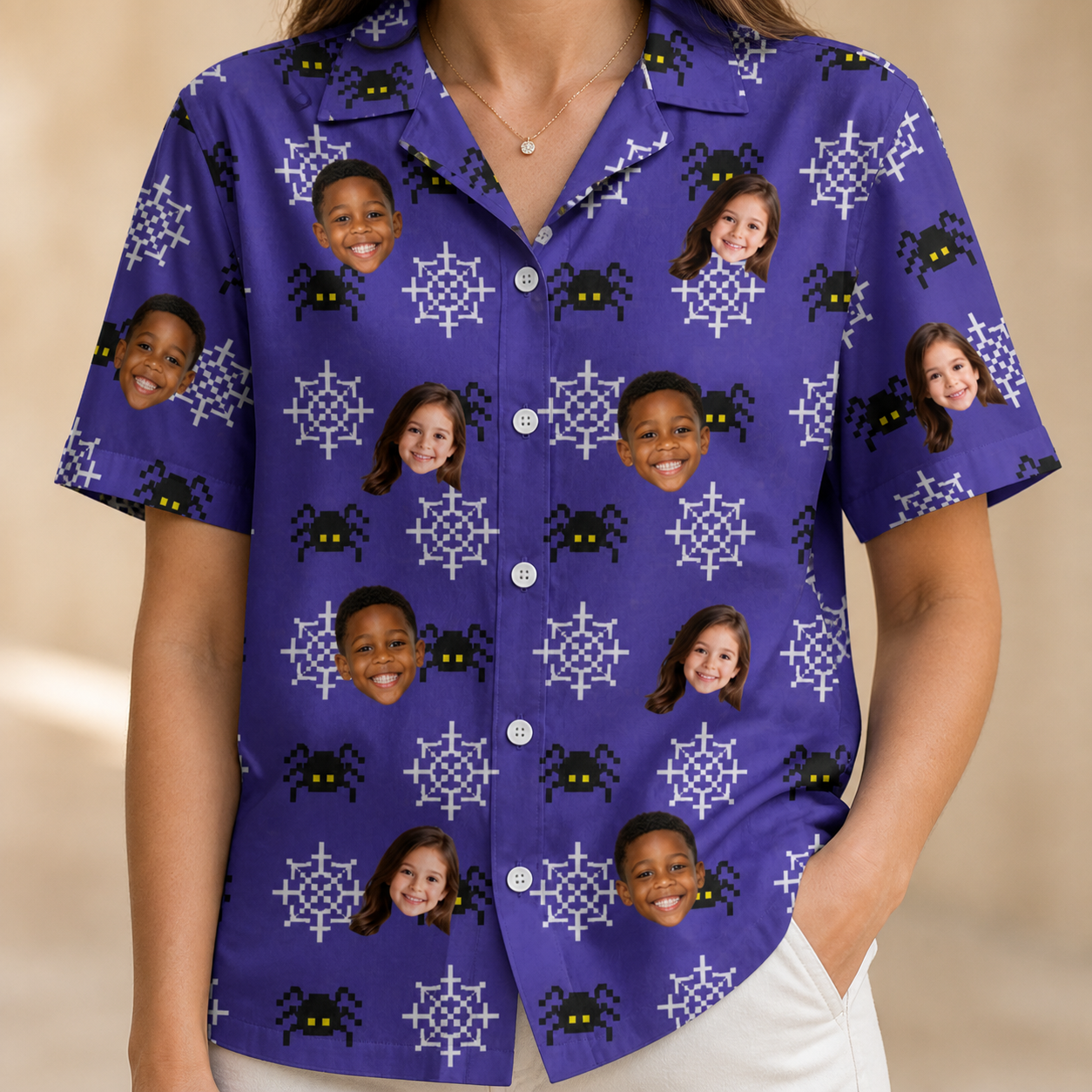 Model wearing Women's Leggy Lurkers Custom Face Hawaiian Shirt printed with kids' faces
