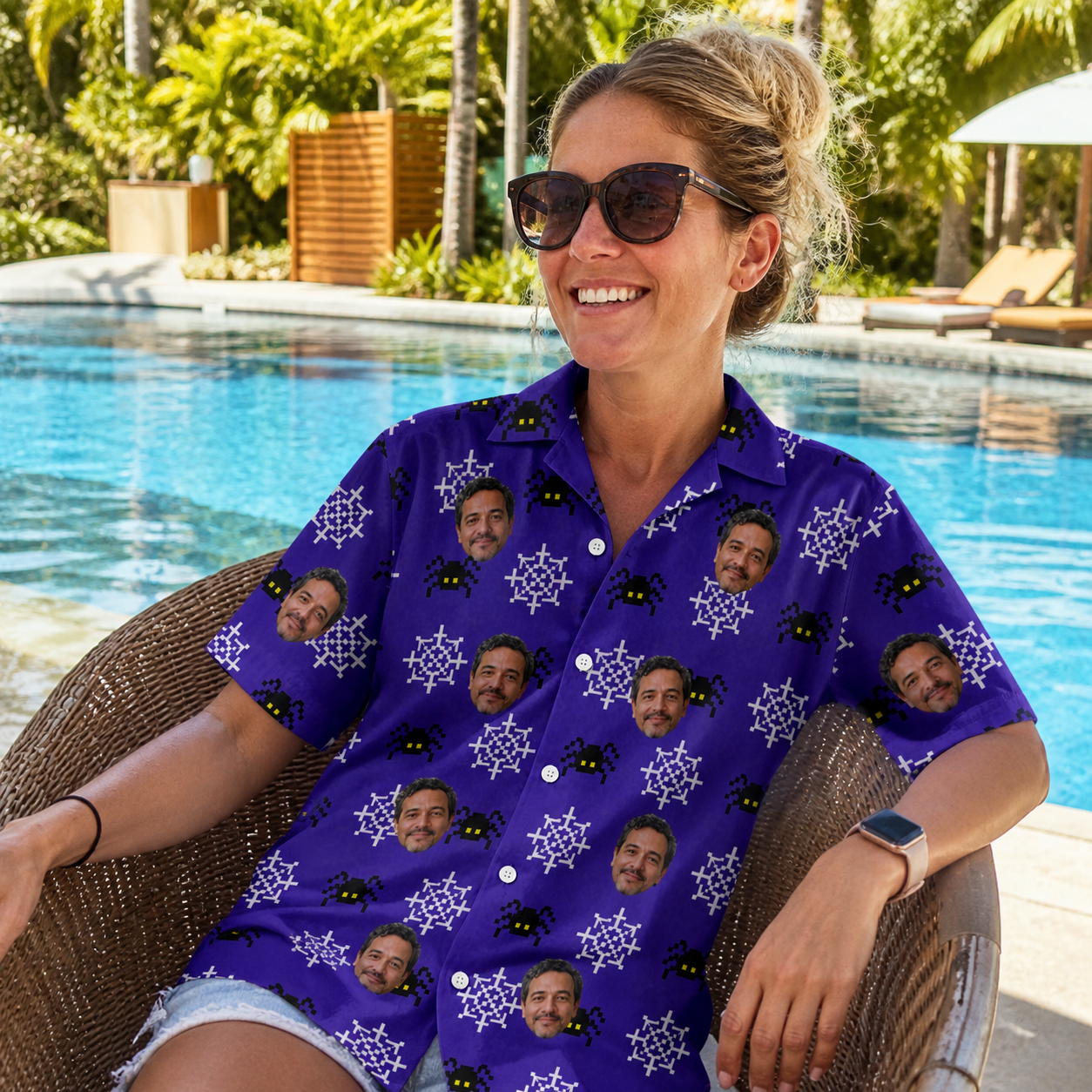 Real-life photo of someone wearing Women's Leggy Lurkers Custom Face Hawaiian Shirt — custom faces printed all-over