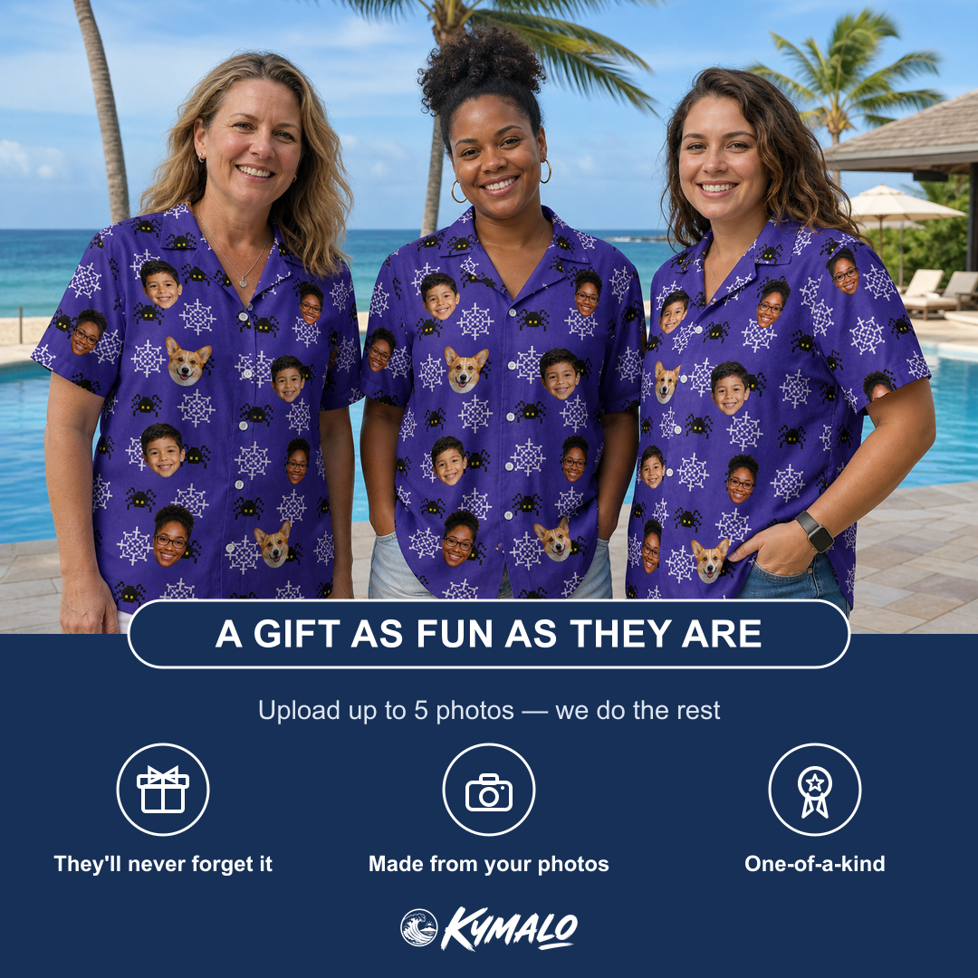 Friends in matching Women's Leggy Lurkers Custom Face Hawaiian Shirt — a group gift photo