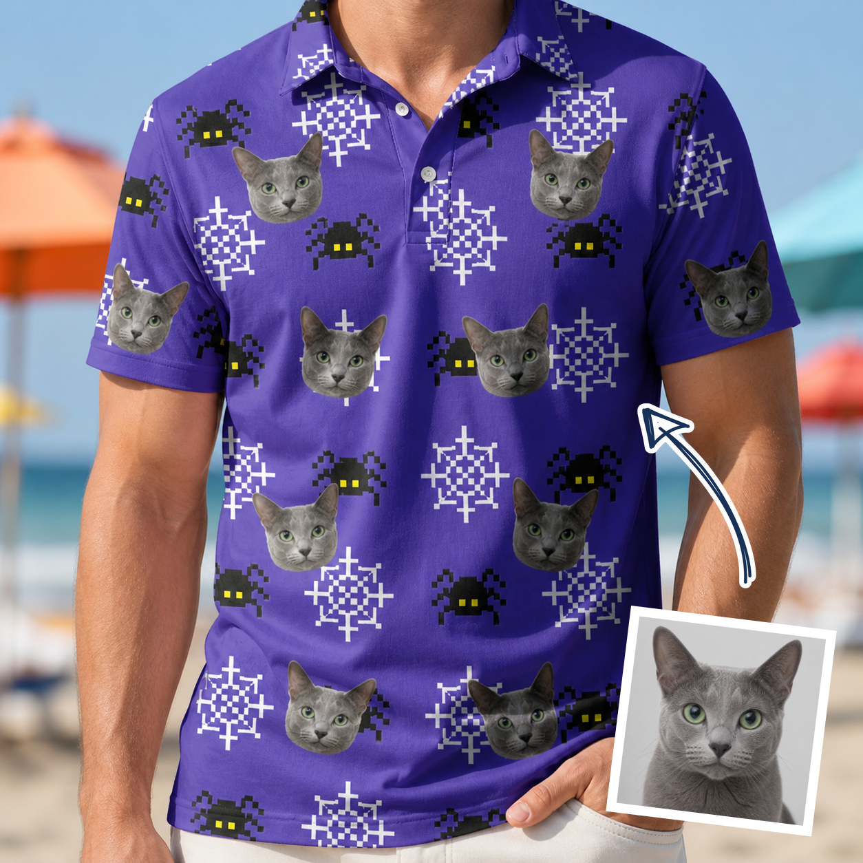 Man wearing Men's Leggy Lurkers Custom Cat Face Polo Shirt — custom faces printed all-over