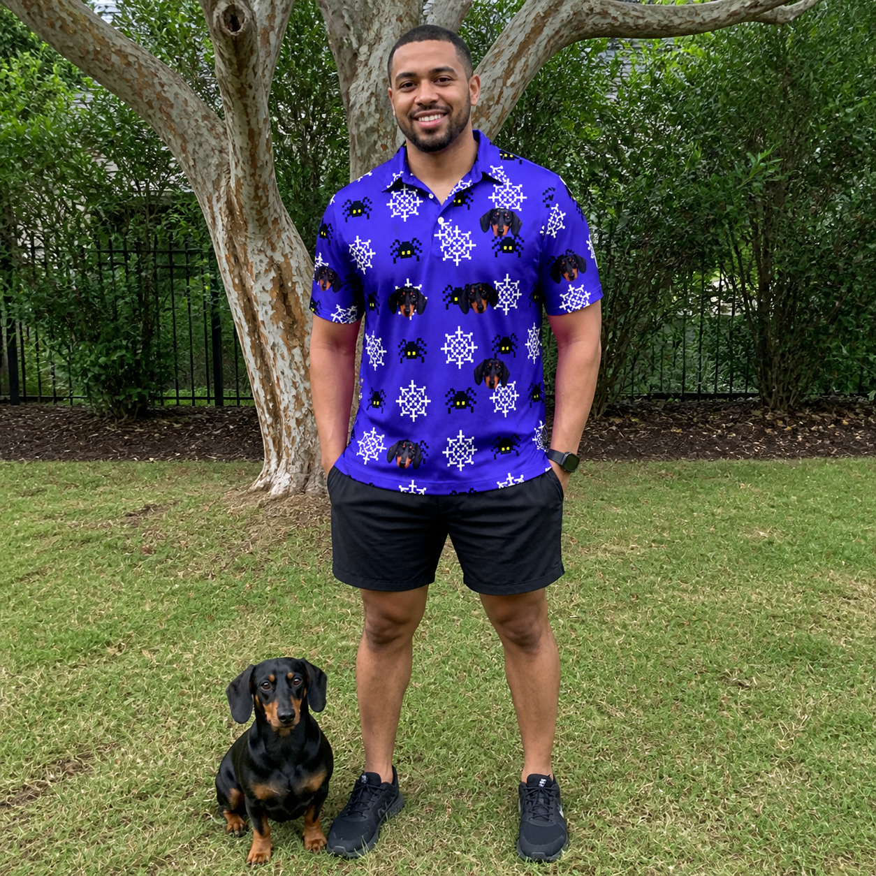 Full-length photo with the pet printed all over this Men's Leggy Lurkers Custom Dog Face Polo Shirt