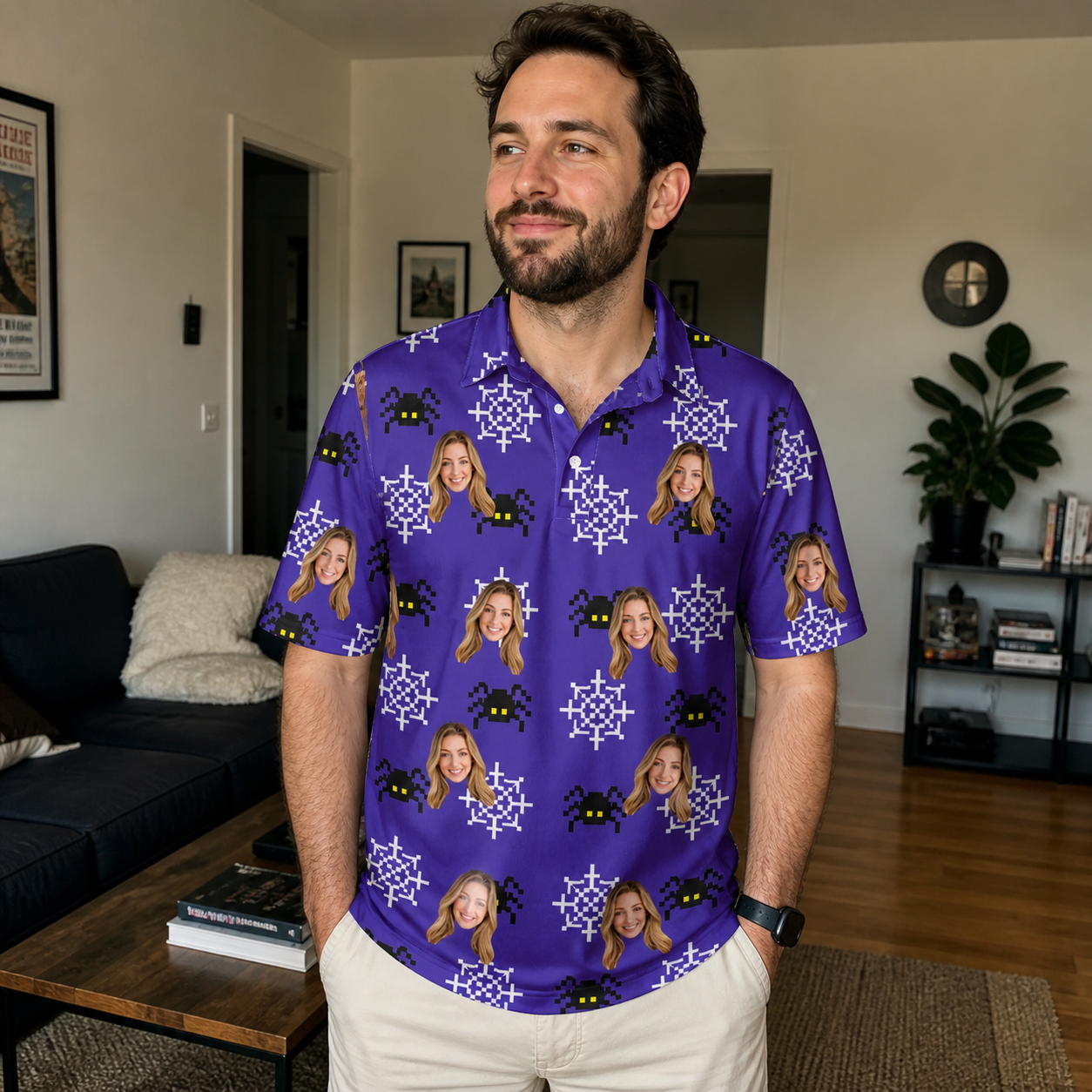 Real-life photo of someone wearing Men's Leggy Lurkers Custom Face Polo Shirt — custom faces printed all-over