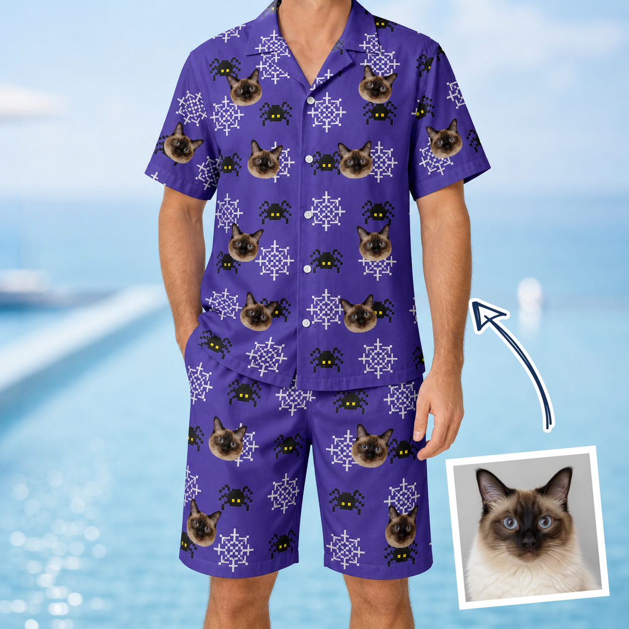 Man wearing Men's Leggy Lurkers Custom Cat Face Shirt & Shorts Set — custom faces printed all-over