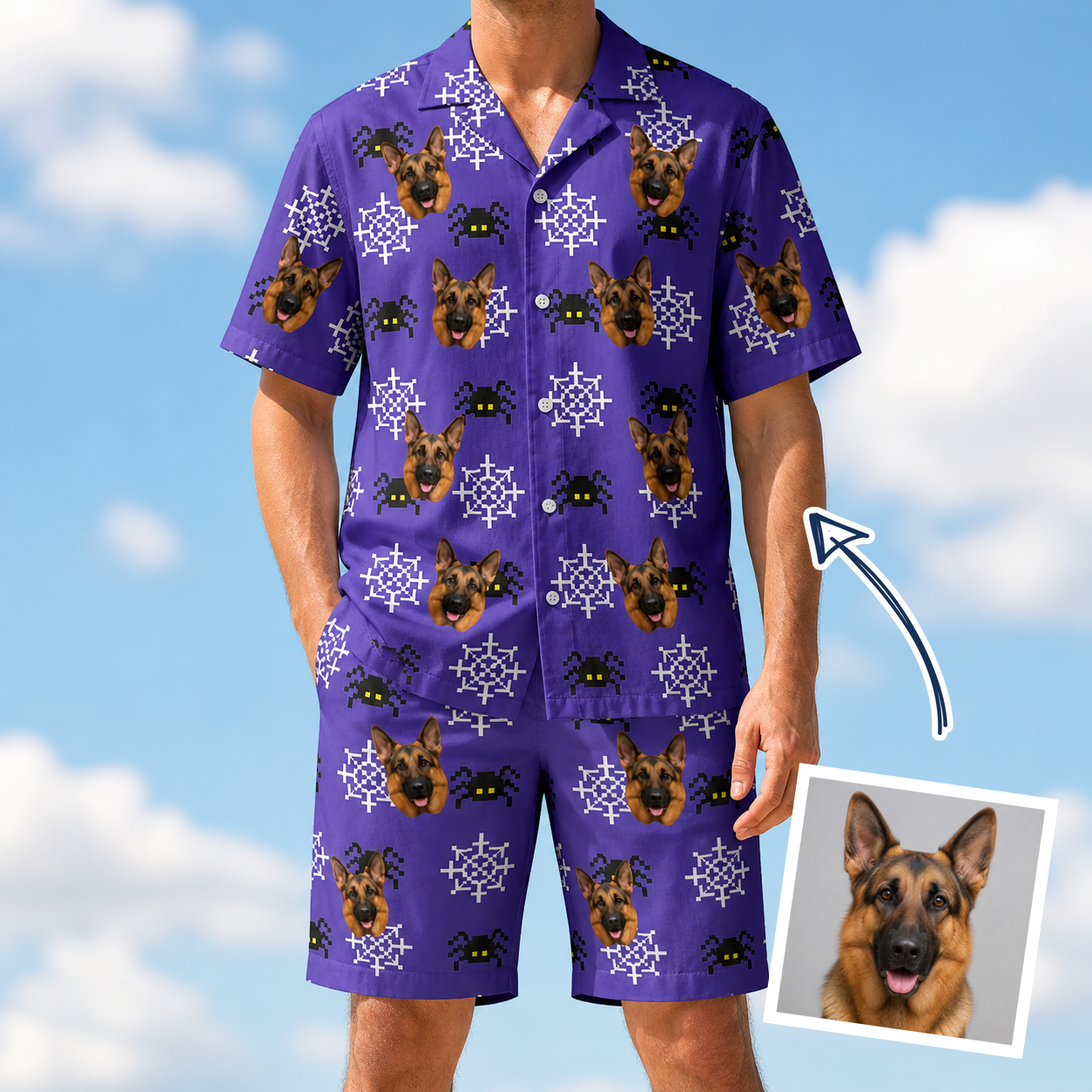 Man wearing Men's Leggy Lurkers Custom Dog Face Shirt & Shorts Set — custom faces printed all-over