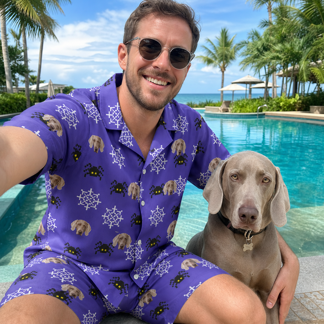 Selfie with the pet whose face is printed all over this Men's Leggy Lurkers Custom Dog Face Shirt & Shorts Set