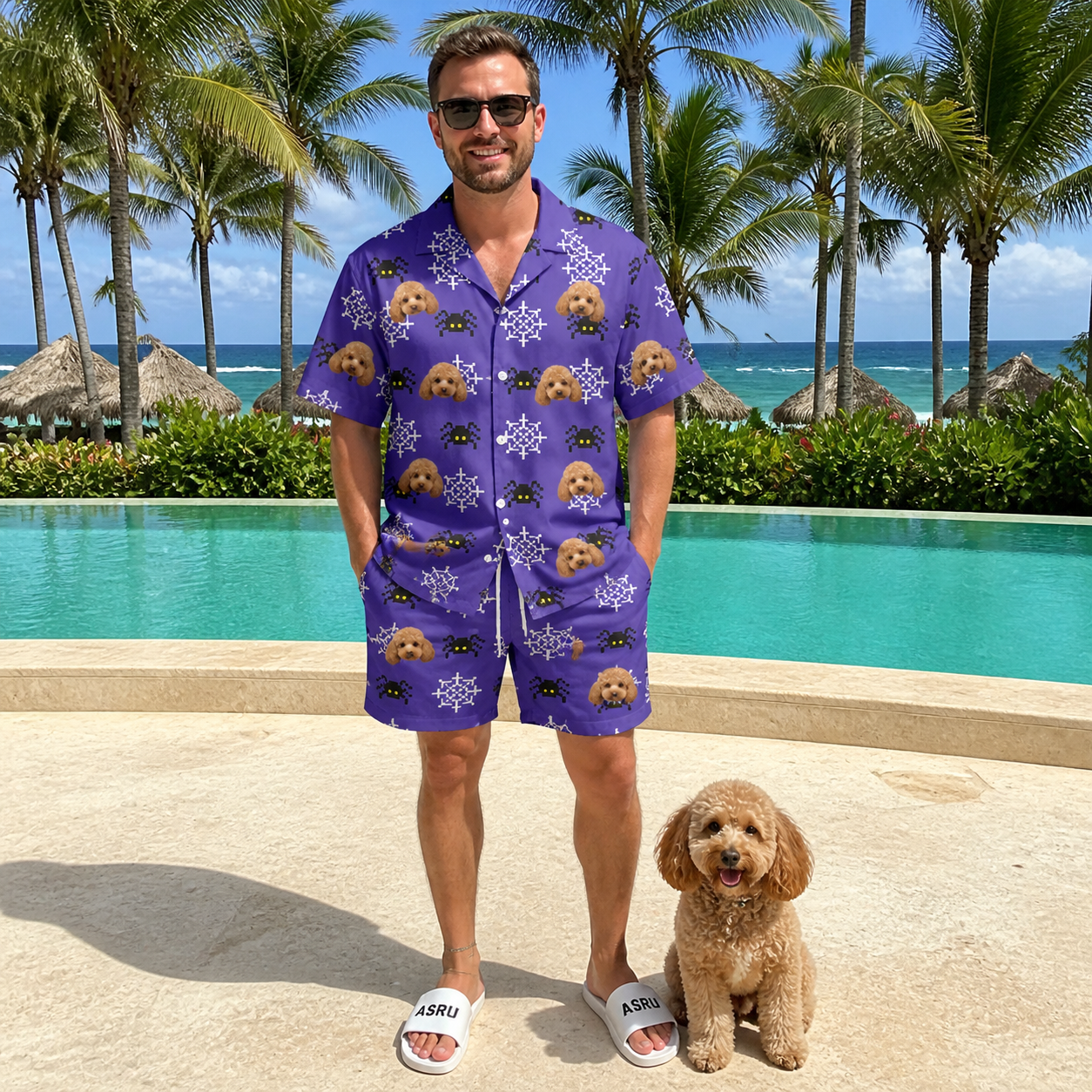 Full-length photo with the pet printed all over this Men's Leggy Lurkers Custom Dog Face Shirt & Shorts Set