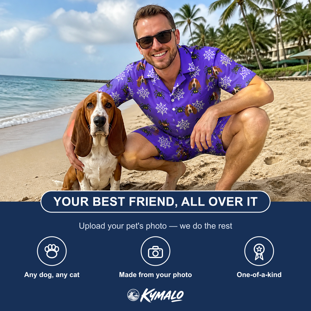 Friends in matching Men's Leggy Lurkers Custom Dog Face Shirt & Shorts Set — a group gift photo