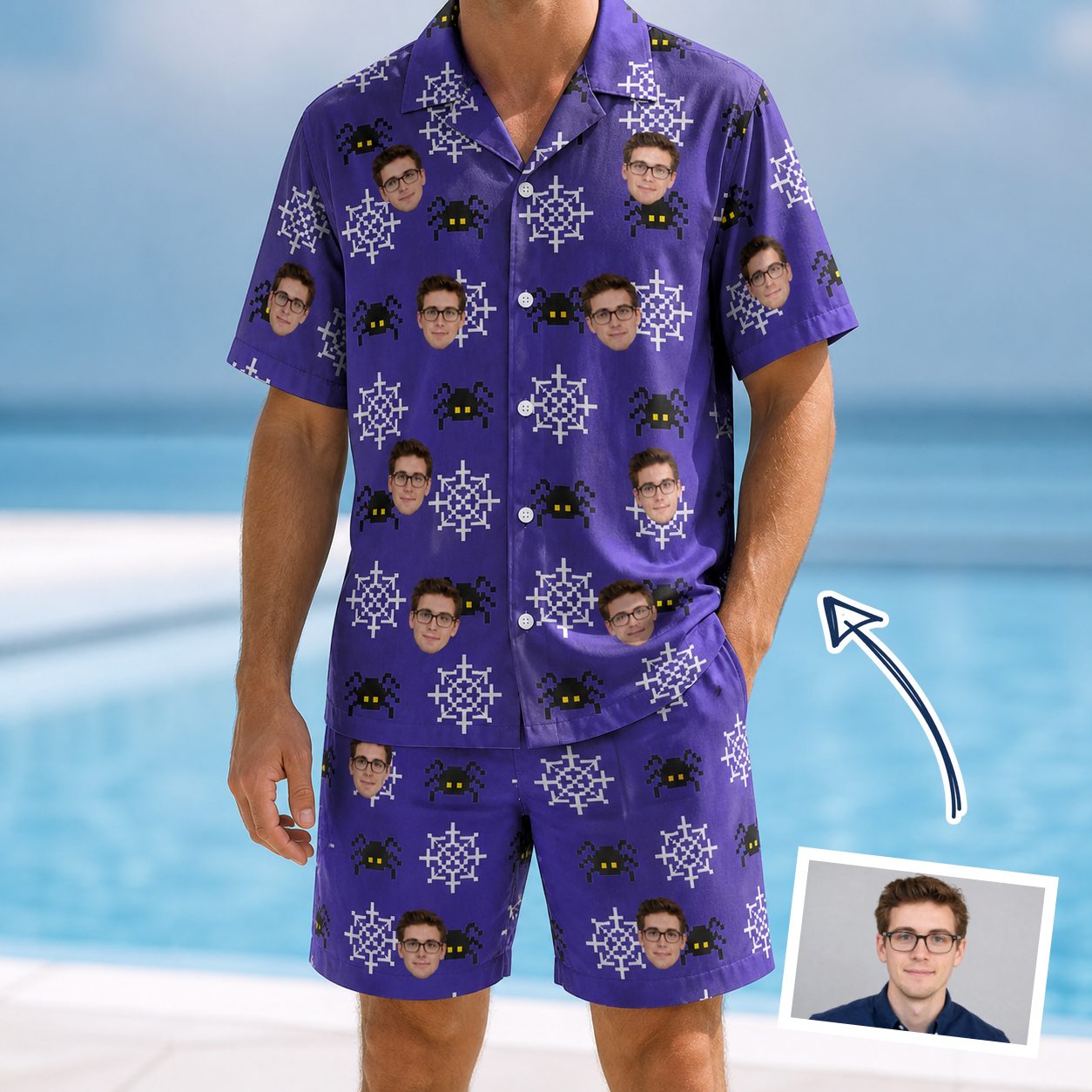 Man wearing Men's Leggy Lurkers Custom Face Shirt & Shorts Set — custom faces printed all-over
