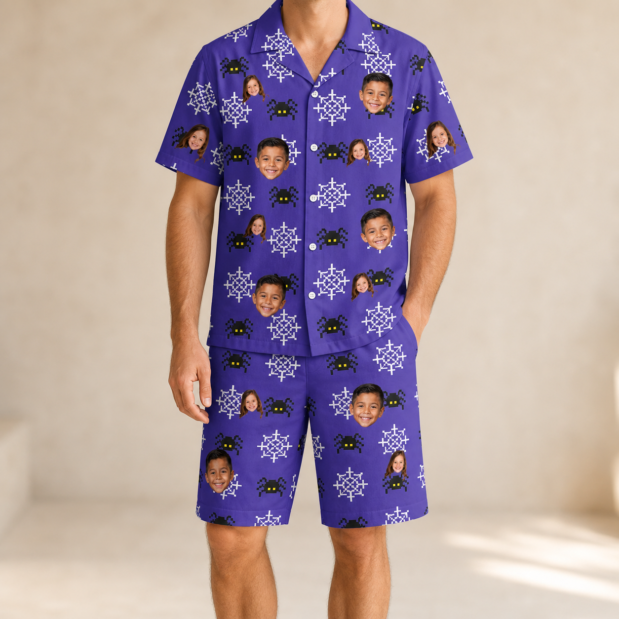 Model wearing Men's Leggy Lurkers Custom Face Shirt & Shorts Set printed with kids' faces