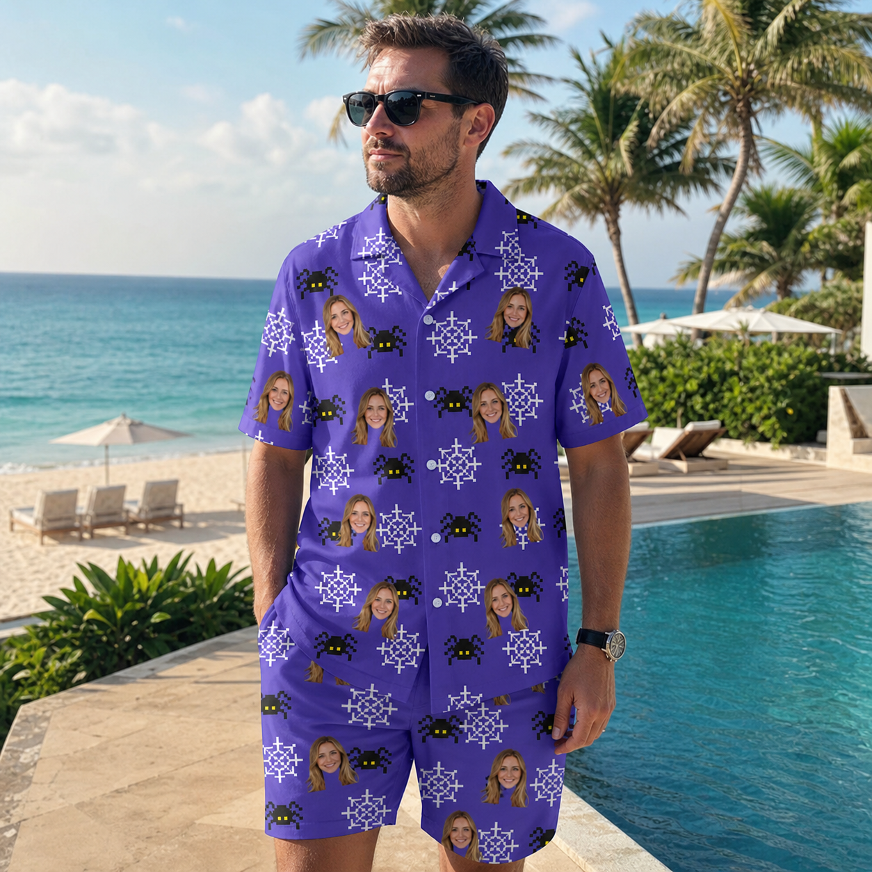 Real-life photo of someone wearing Men's Leggy Lurkers Custom Face Shirt & Shorts Set — custom faces printed all-over