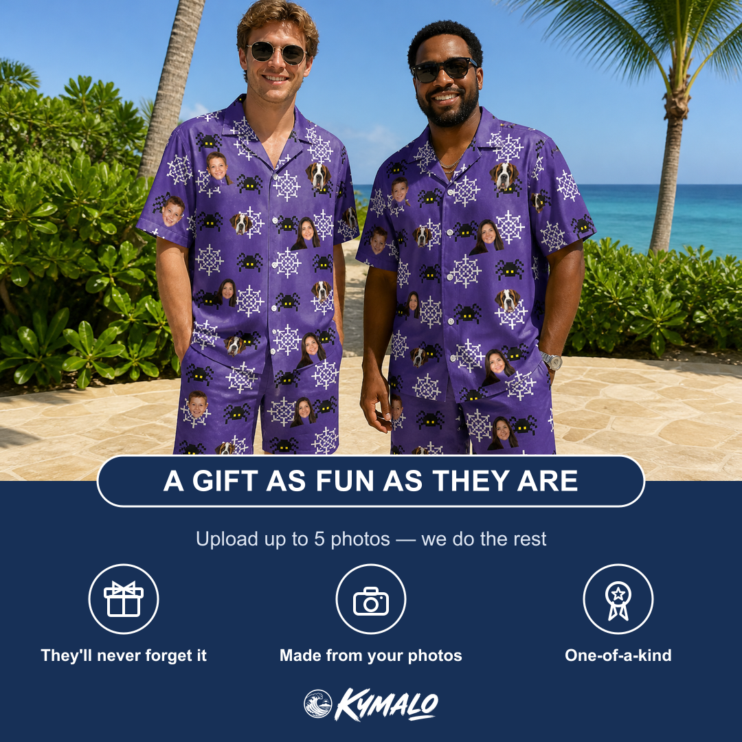 Friends in matching Men's Leggy Lurkers Custom Face Shirt & Shorts Set — a group gift photo