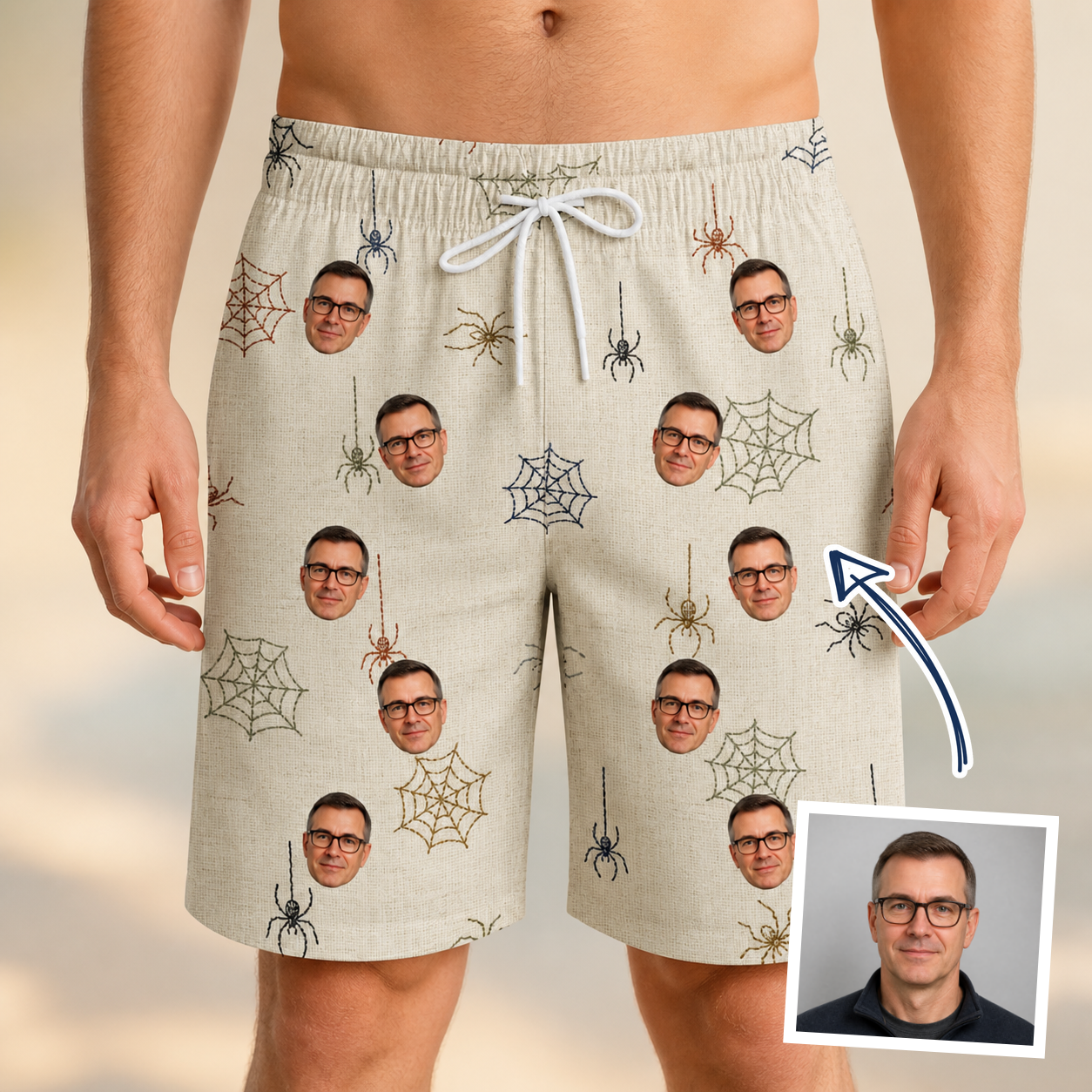 Man wearing Men's Gossamer Ghouls Custom Face Beach Shorts — custom faces printed all-over