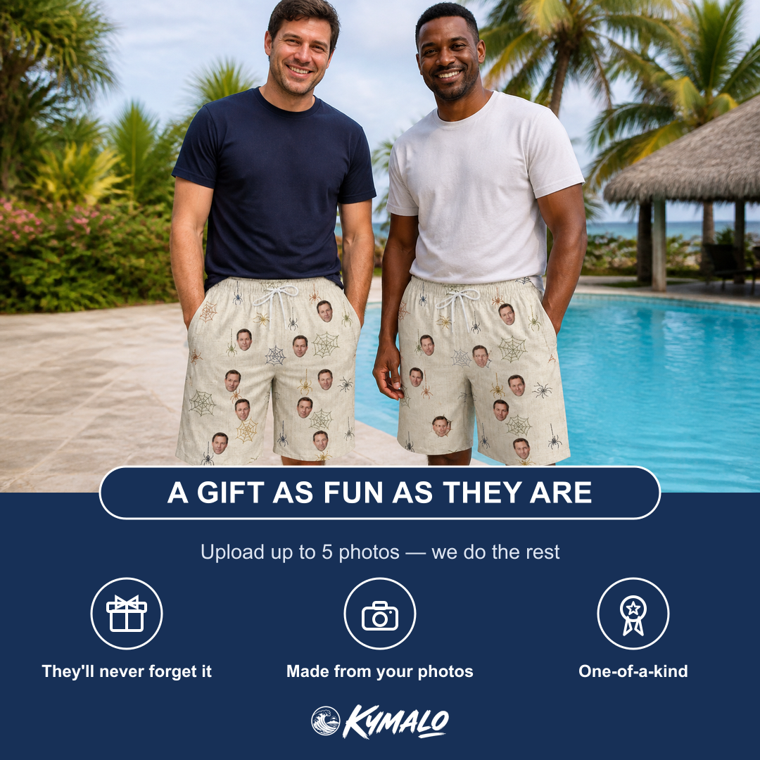 Friends in matching Men's Gossamer Ghouls Custom Face Beach Shorts — a group gift photo