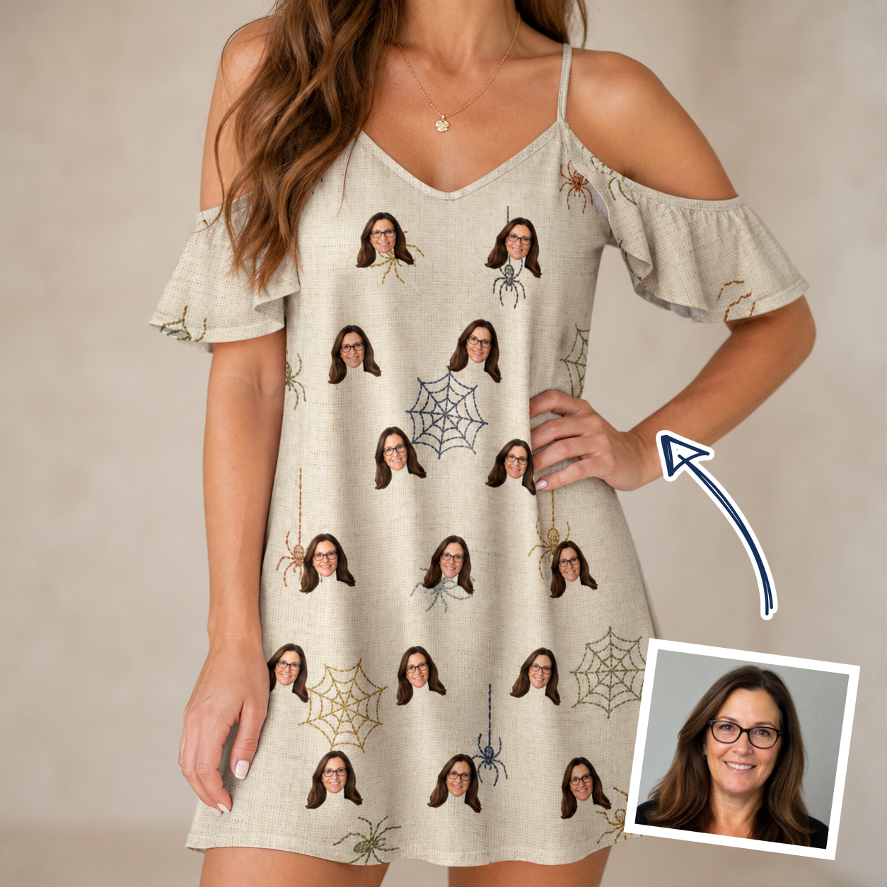 Woman wearing Women's Gossamer Ghouls Custom Face Off-Shoulder Dress — custom faces printed all-over