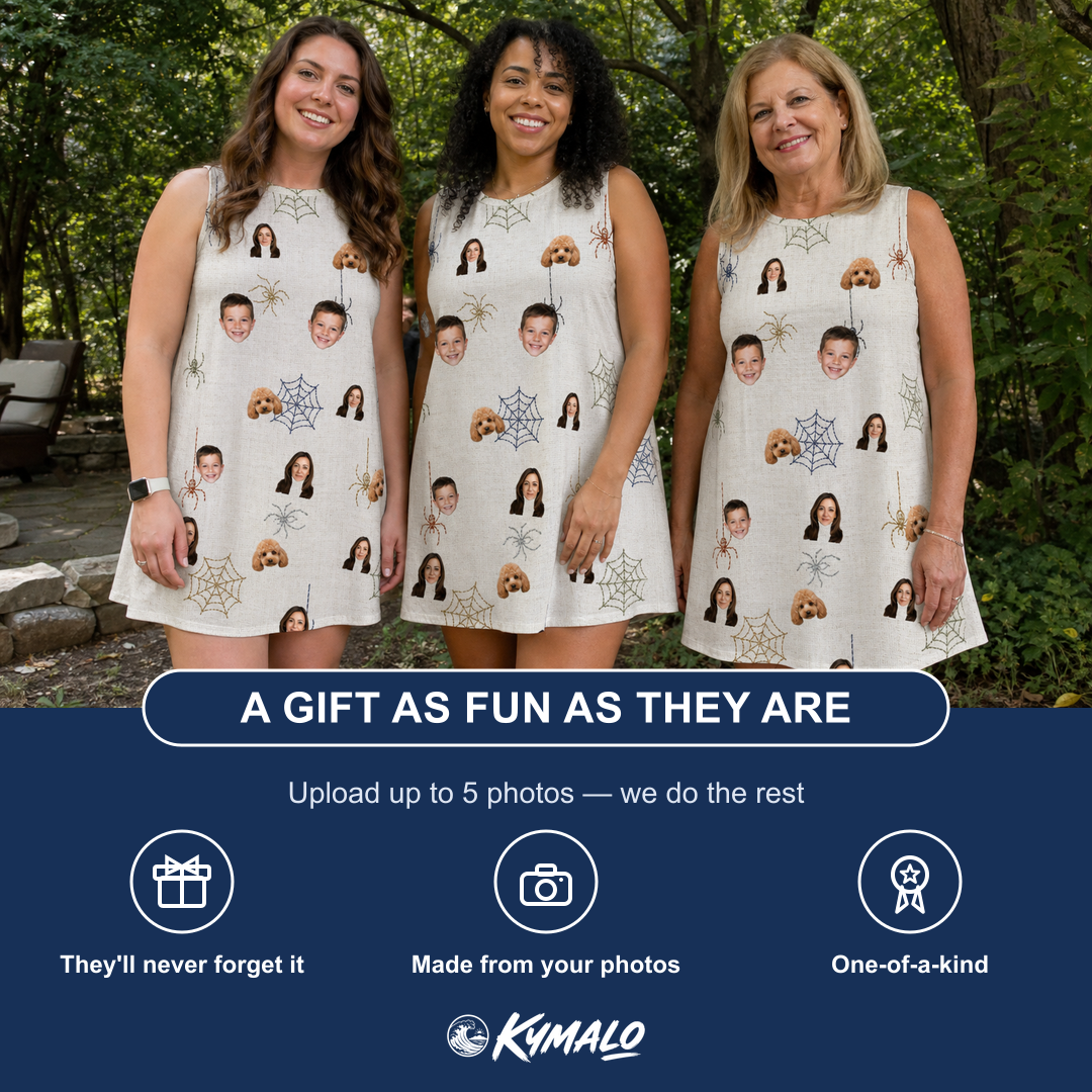 Friends in matching Women's Gossamer Ghouls Custom Face Tank Dress — a group gift photo