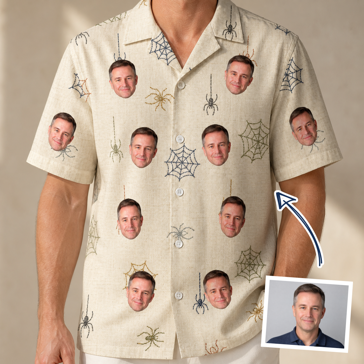 Man wearing Men's Gossamer Ghouls Custom Face Hawaiian Shirt — custom faces printed all-over