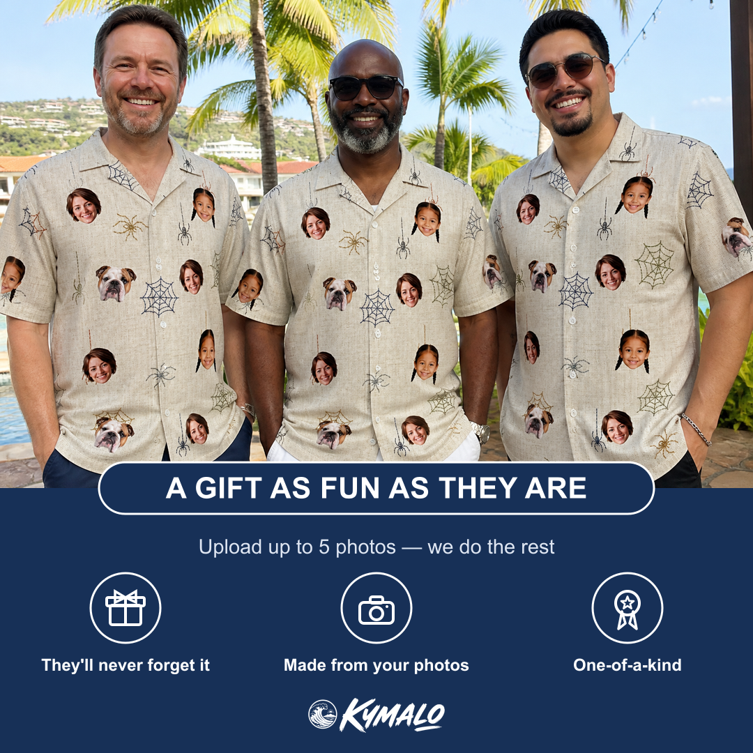 Friends in matching Men's Gossamer Ghouls Custom Face Hawaiian Shirt — a group gift photo
