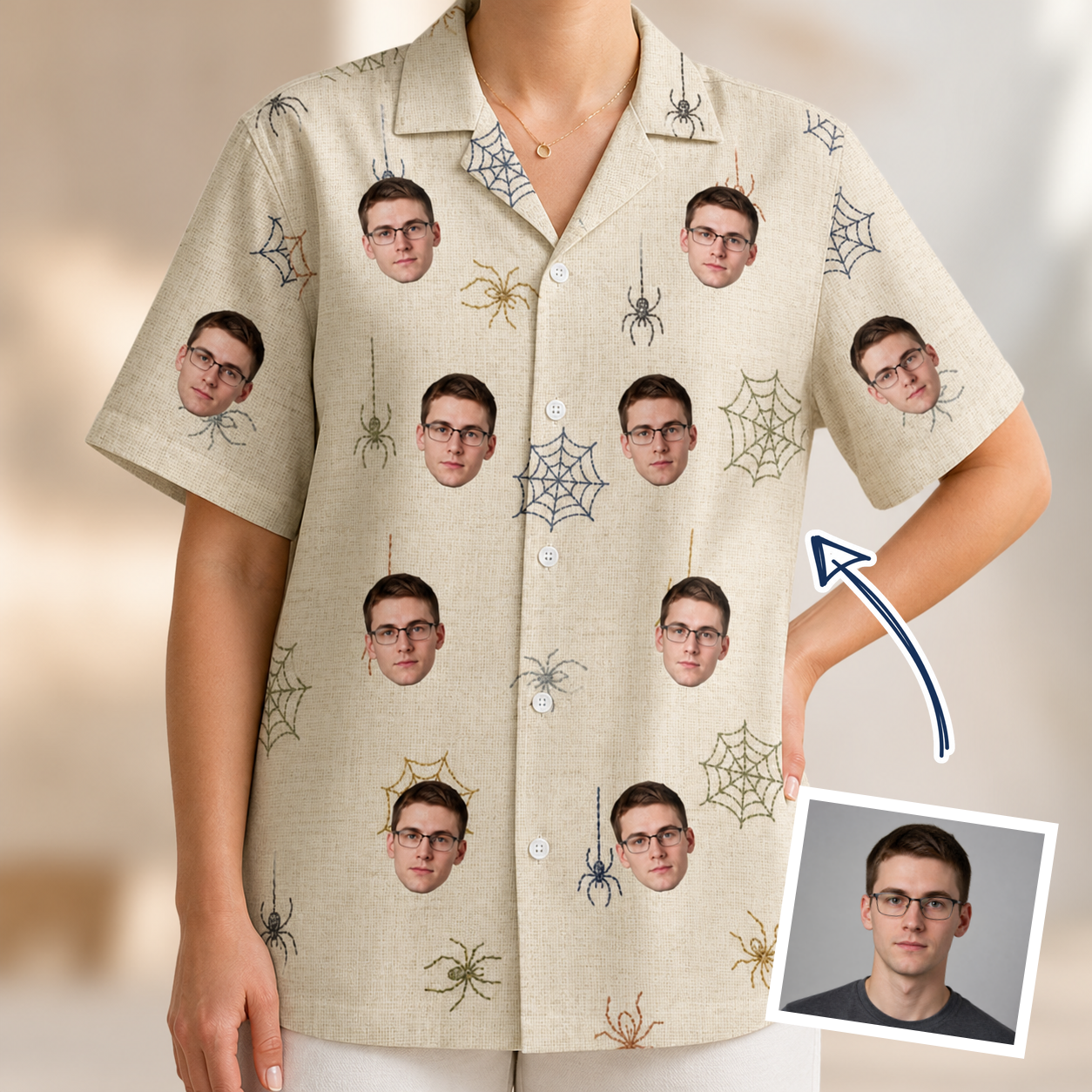 Woman wearing Women's Gossamer Ghouls Custom Face Hawaiian Shirt — custom faces printed all-over