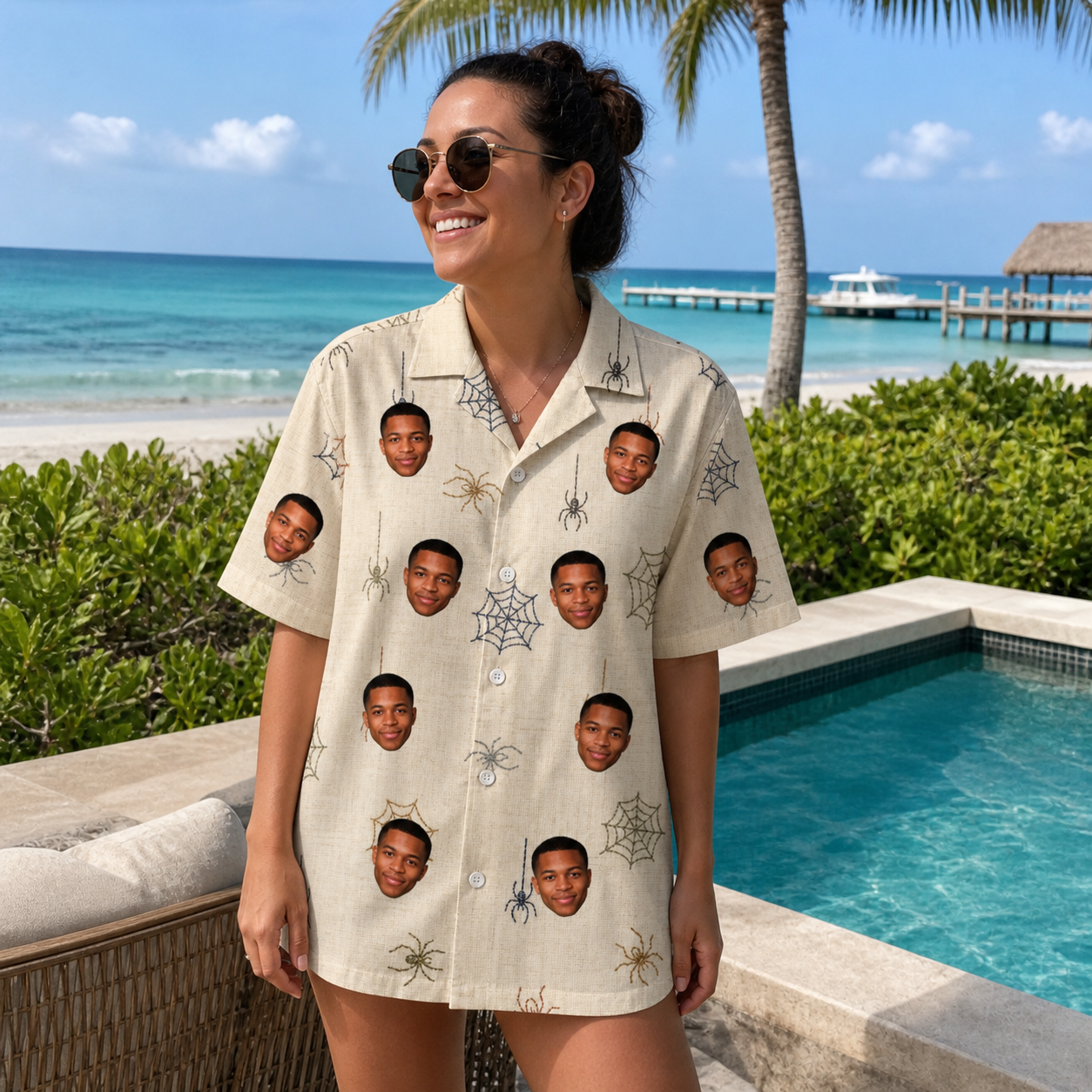 Real-life photo of someone wearing Women's Gossamer Ghouls Custom Face Hawaiian Shirt — custom faces printed all-over