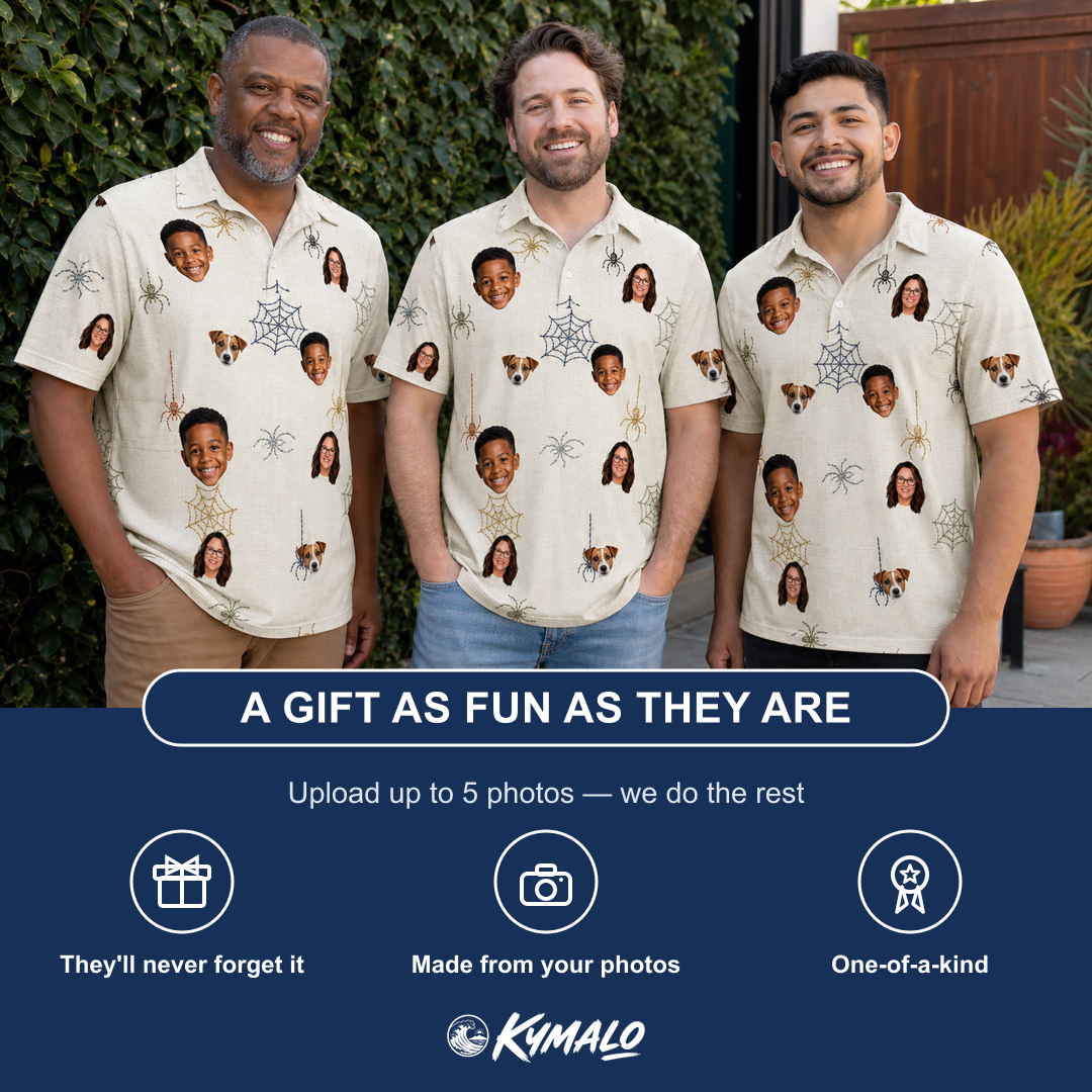 Friends in matching Men's Gossamer Ghouls Custom Face Polo Shirt — a group gift photo