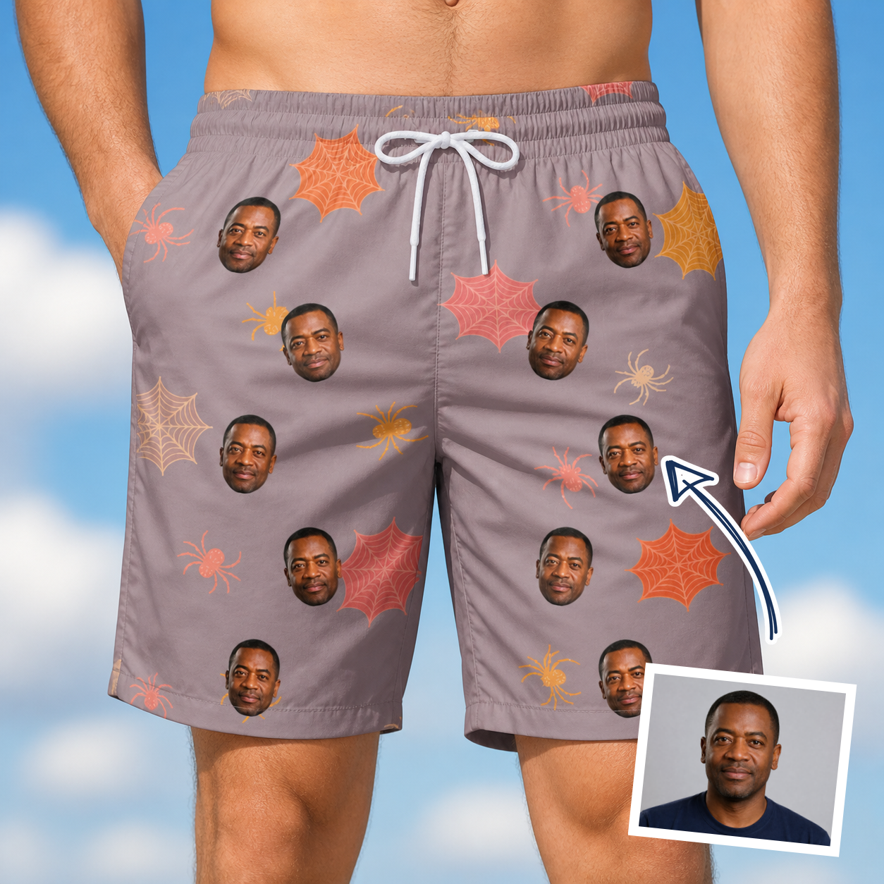 Man wearing Men's Silken Scare Custom Face Beach Shorts — custom faces printed all-over