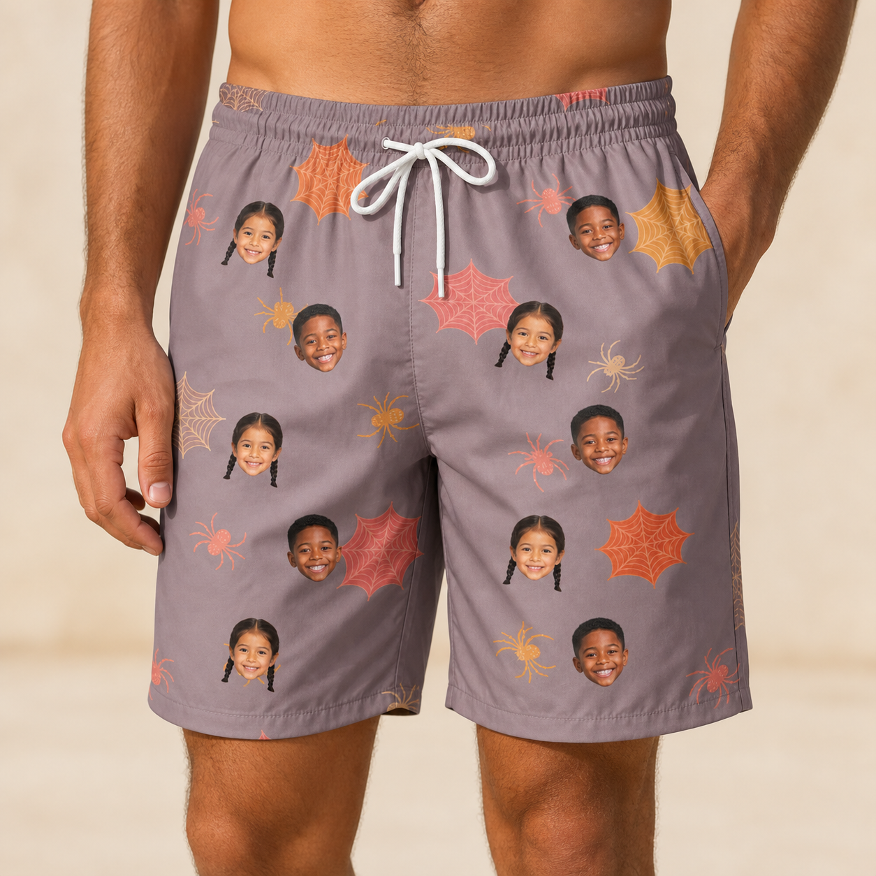 Model wearing Men's Silken Scare Custom Face Beach Shorts printed with kids' faces