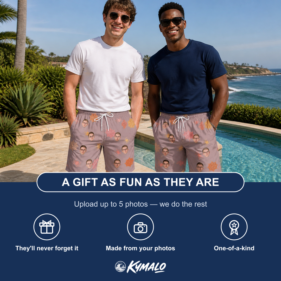 Friends in matching Men's Silken Scare Custom Face Beach Shorts — a group gift photo