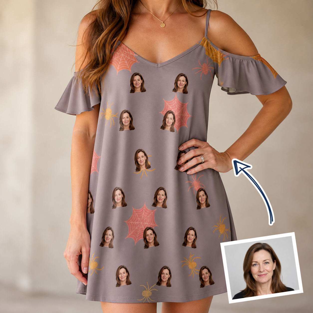 Woman wearing Women's Silken Scare Custom Face Off-Shoulder Dress — custom faces printed all-over