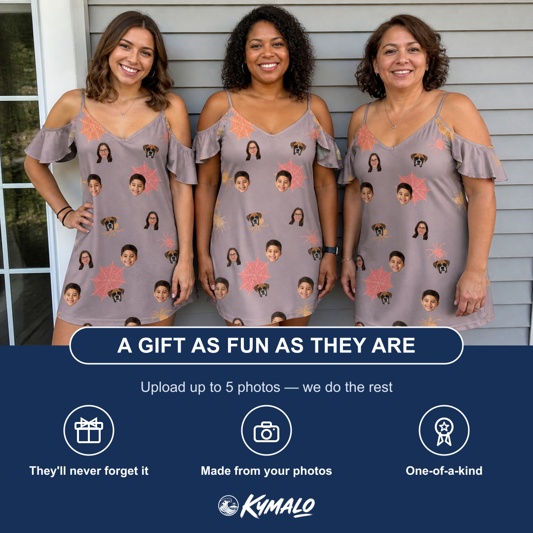 Friends in matching Women's Silken Scare Custom Face Off-Shoulder Dress — a group gift photo