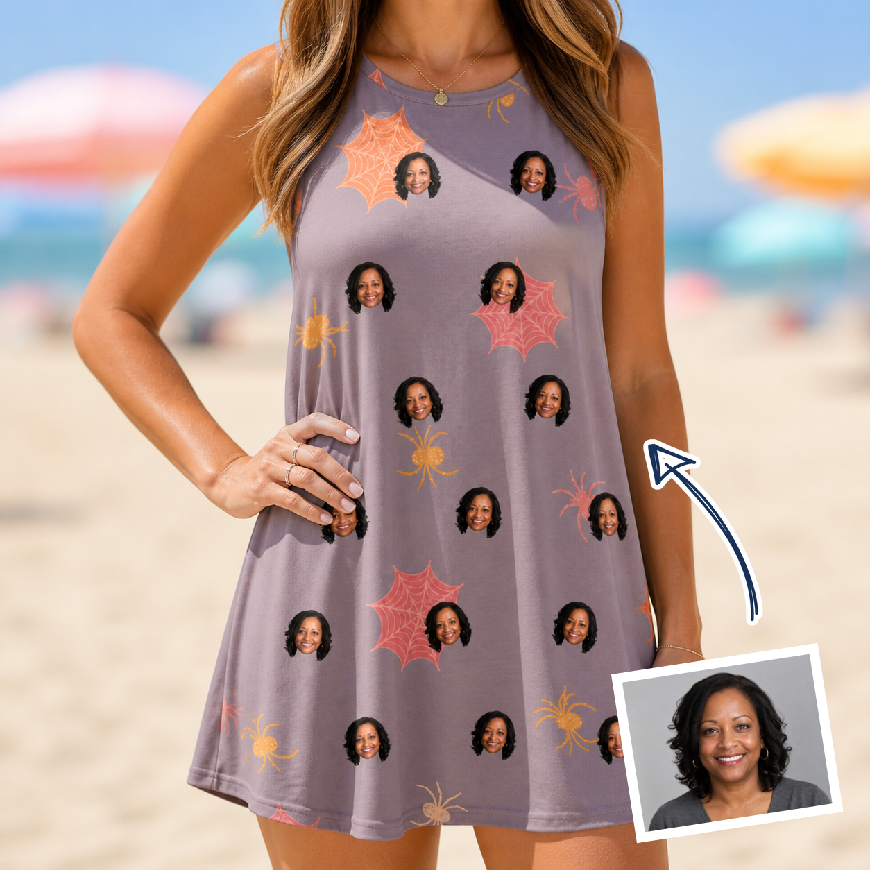 Woman wearing Women's Silken Scare Custom Face Tank Dress — custom faces printed all-over
