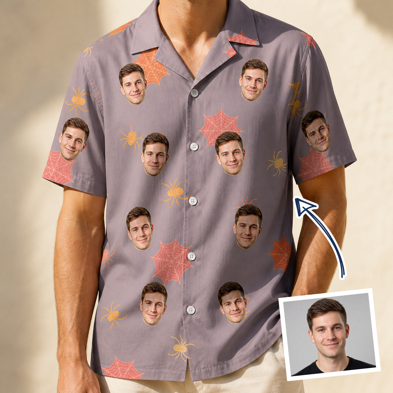 Man wearing Men's Silken Scare Custom Face Hawaiian Shirt — custom faces printed all-over