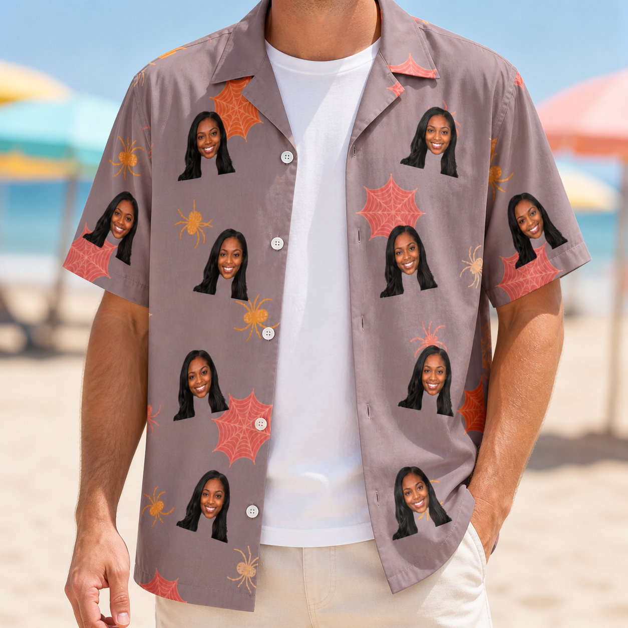 Man wearing Men's Silken Scare Custom Face Hawaiian Shirt open over a white tee