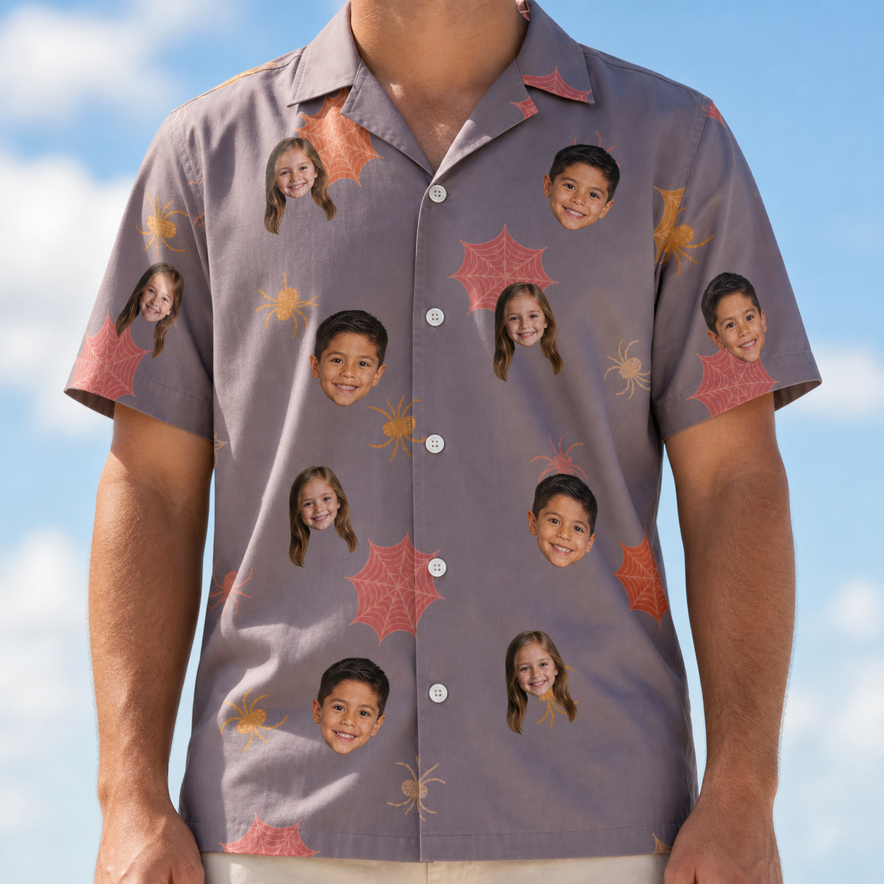 Model wearing Men's Silken Scare Custom Face Hawaiian Shirt printed with kids' faces