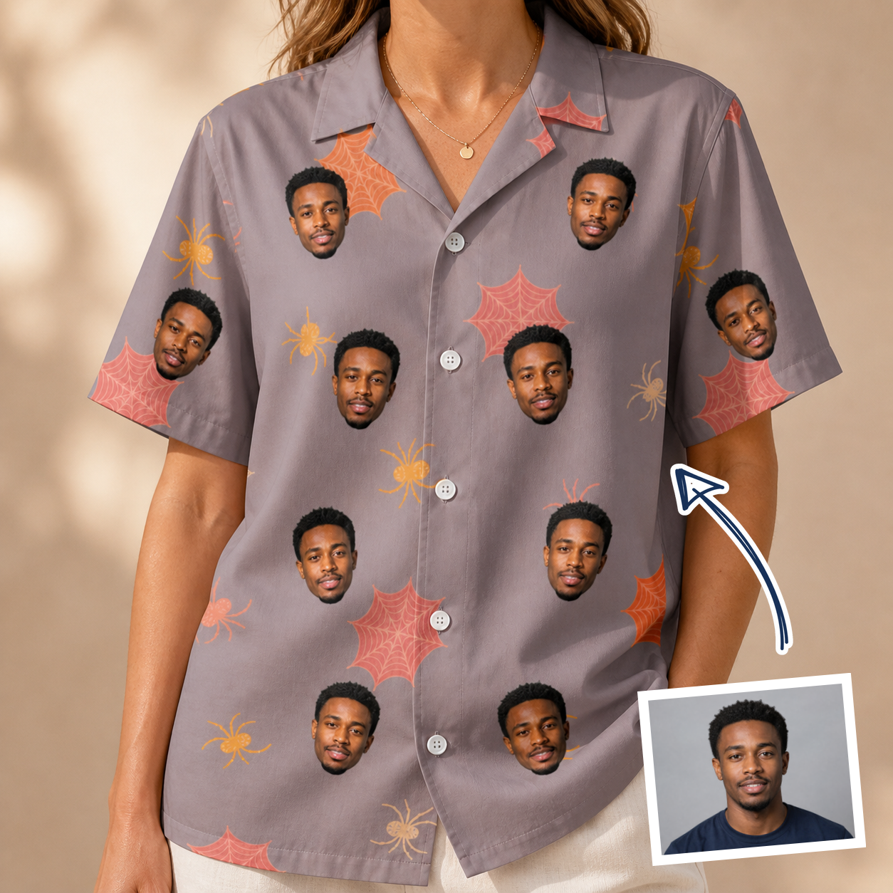 Woman wearing Women's Silken Scare Custom Face Hawaiian Shirt — custom faces printed all-over